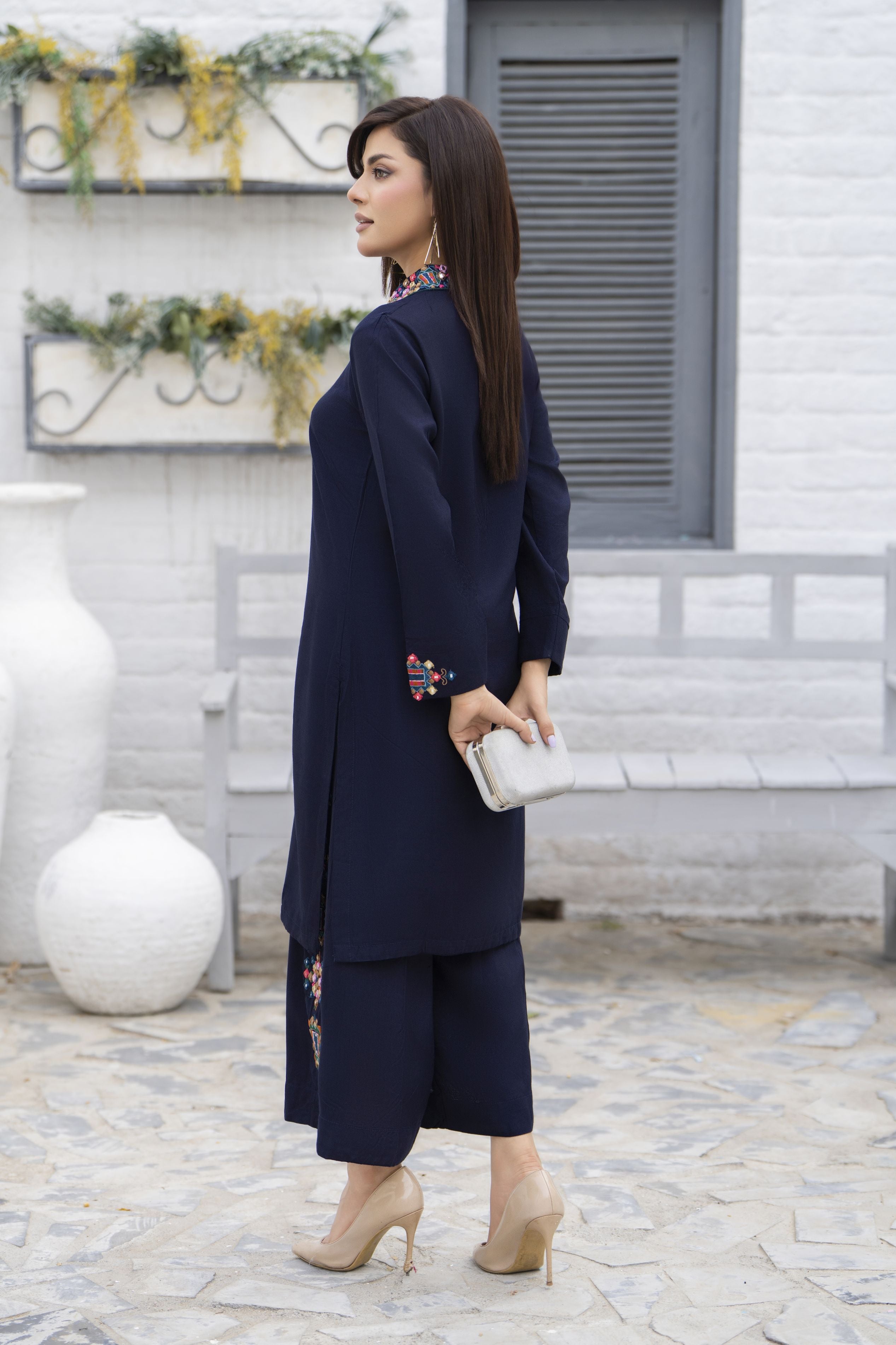 Zaiwa Navy Blue 2PC Ready to Wear Embroidered Linen Suit with Mirror Work LTZ7