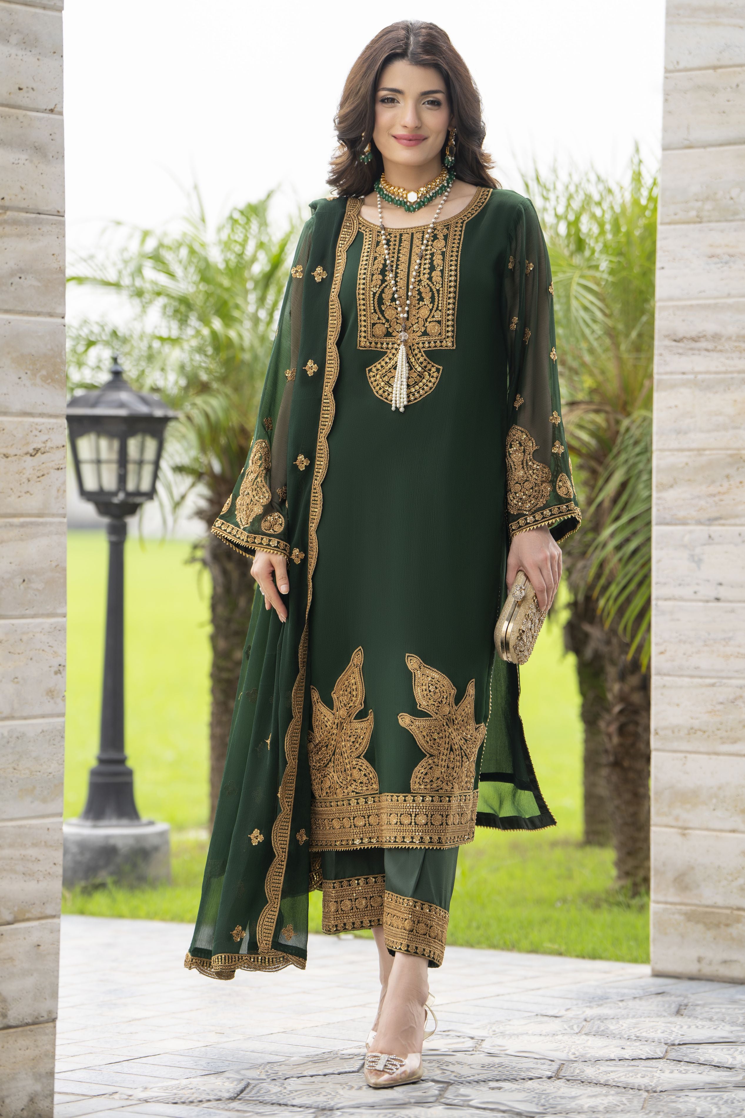 Whispers by Aleezay – Emerald Green Chiffon 3pc Ready to Wear Dress WBA4