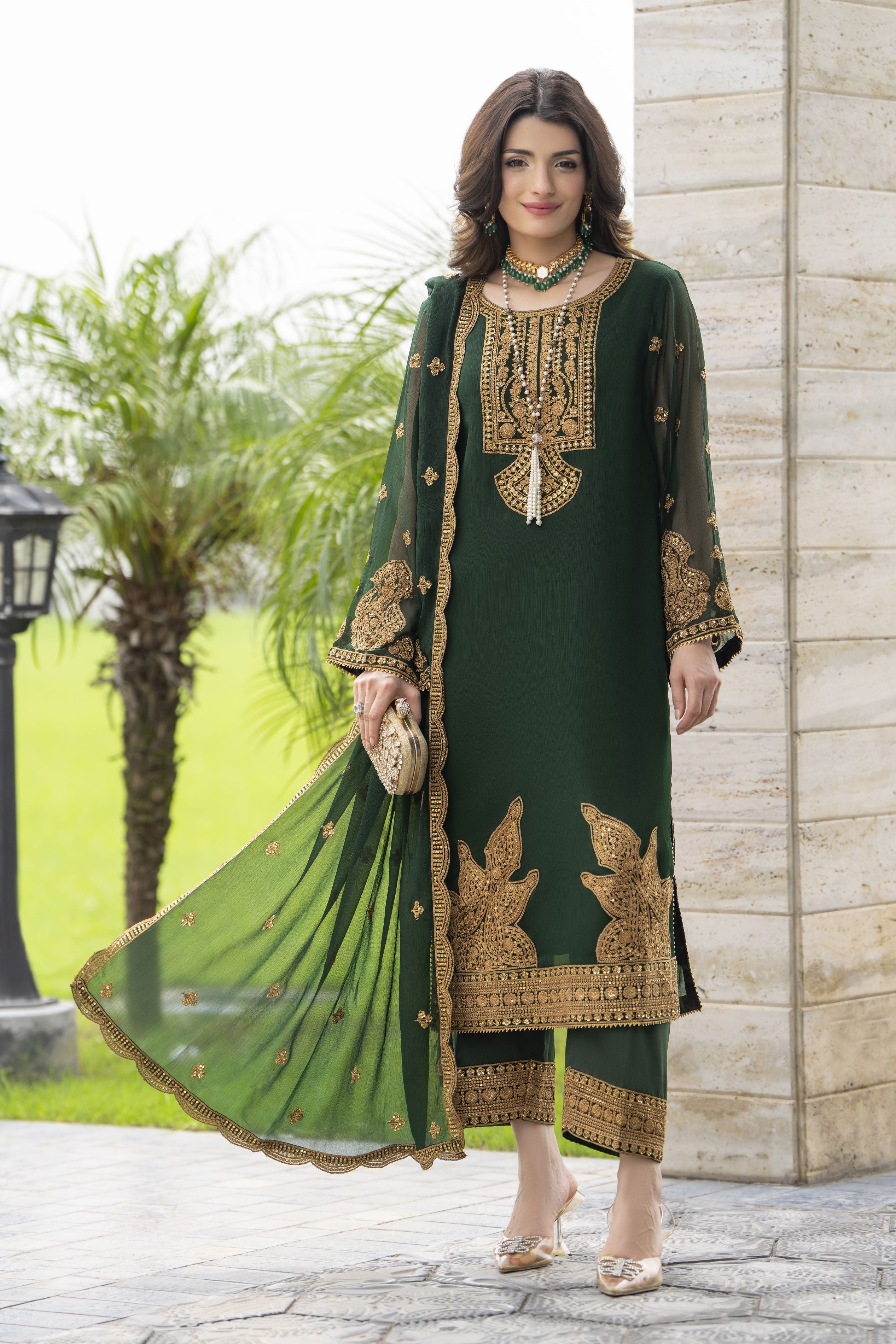 Whispers by Aleezay – Emerald Green Chiffon 3pc Ready to Wear Dress WBA4