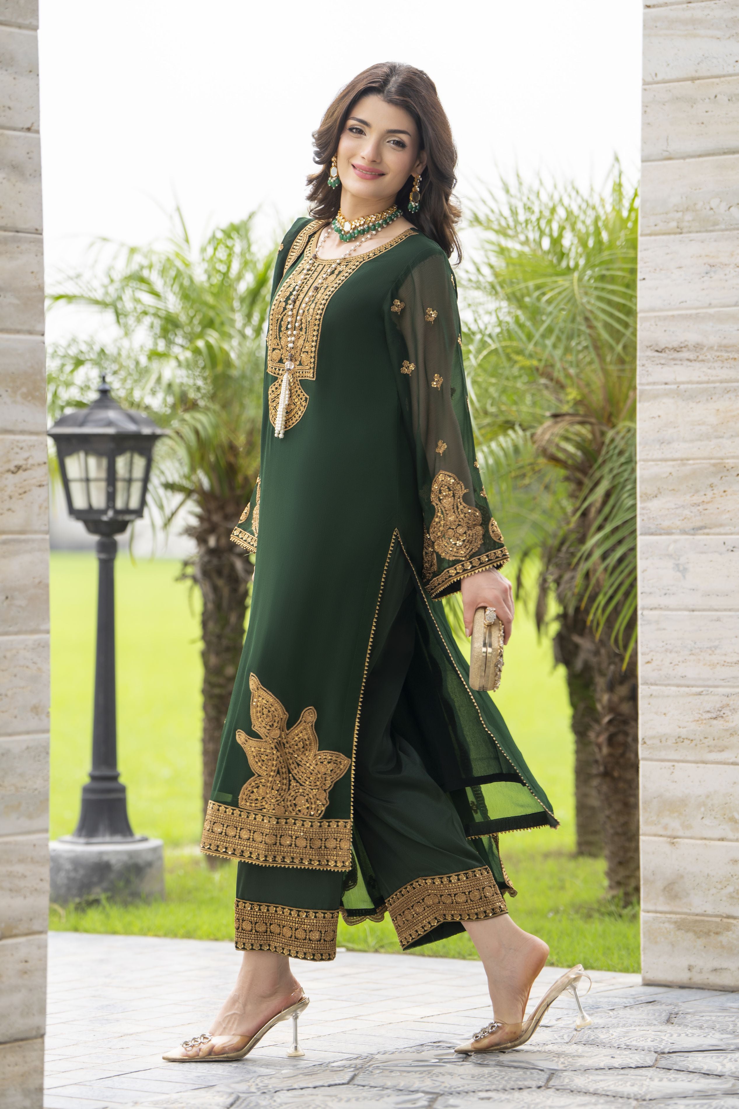 Whispers by Aleezay – Emerald Green Chiffon 3pc Ready to Wear Dress WBA4