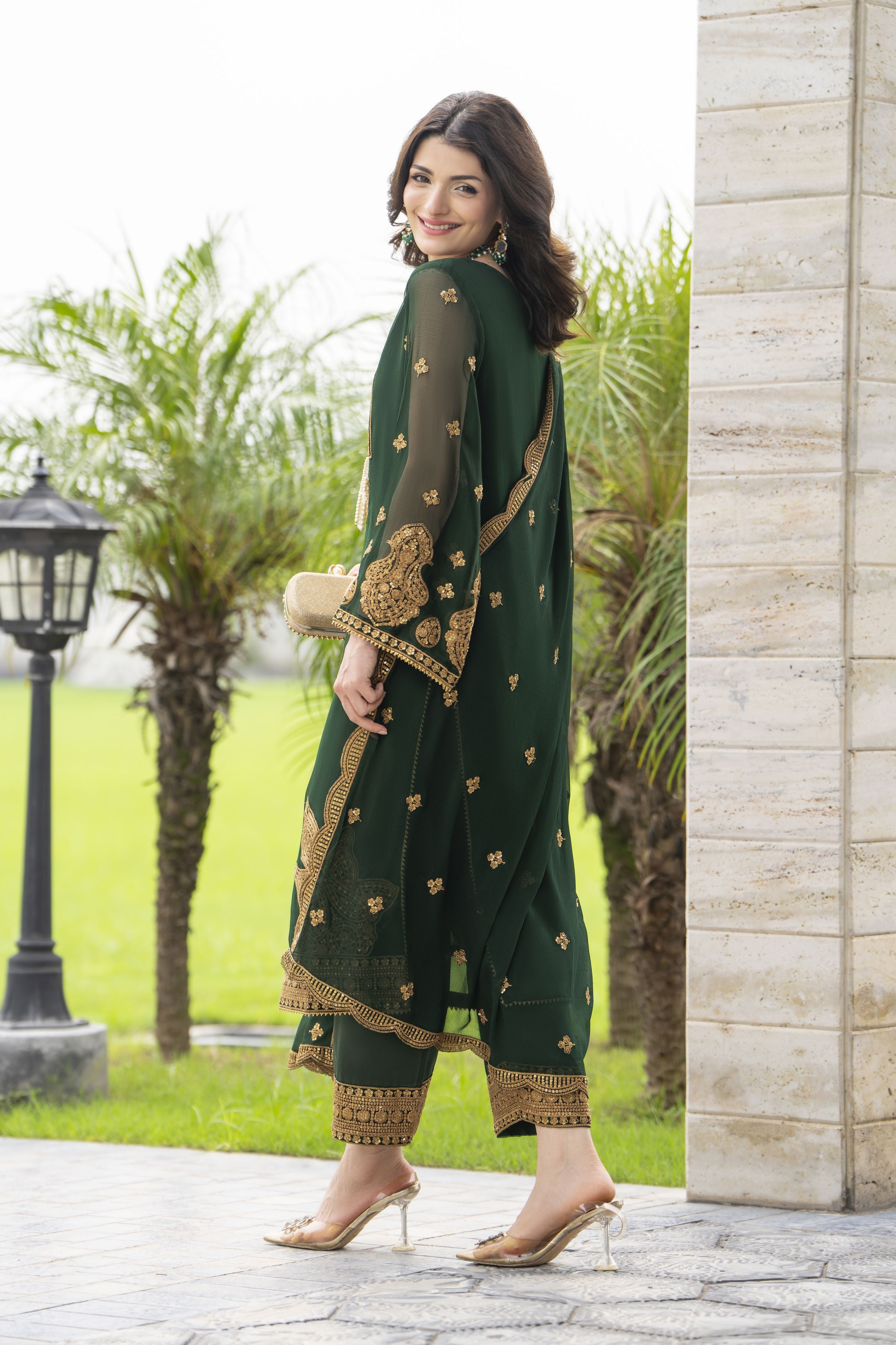 Whispers by Aleezay – Emerald Green Chiffon 3pc Ready to Wear Dress WBA4