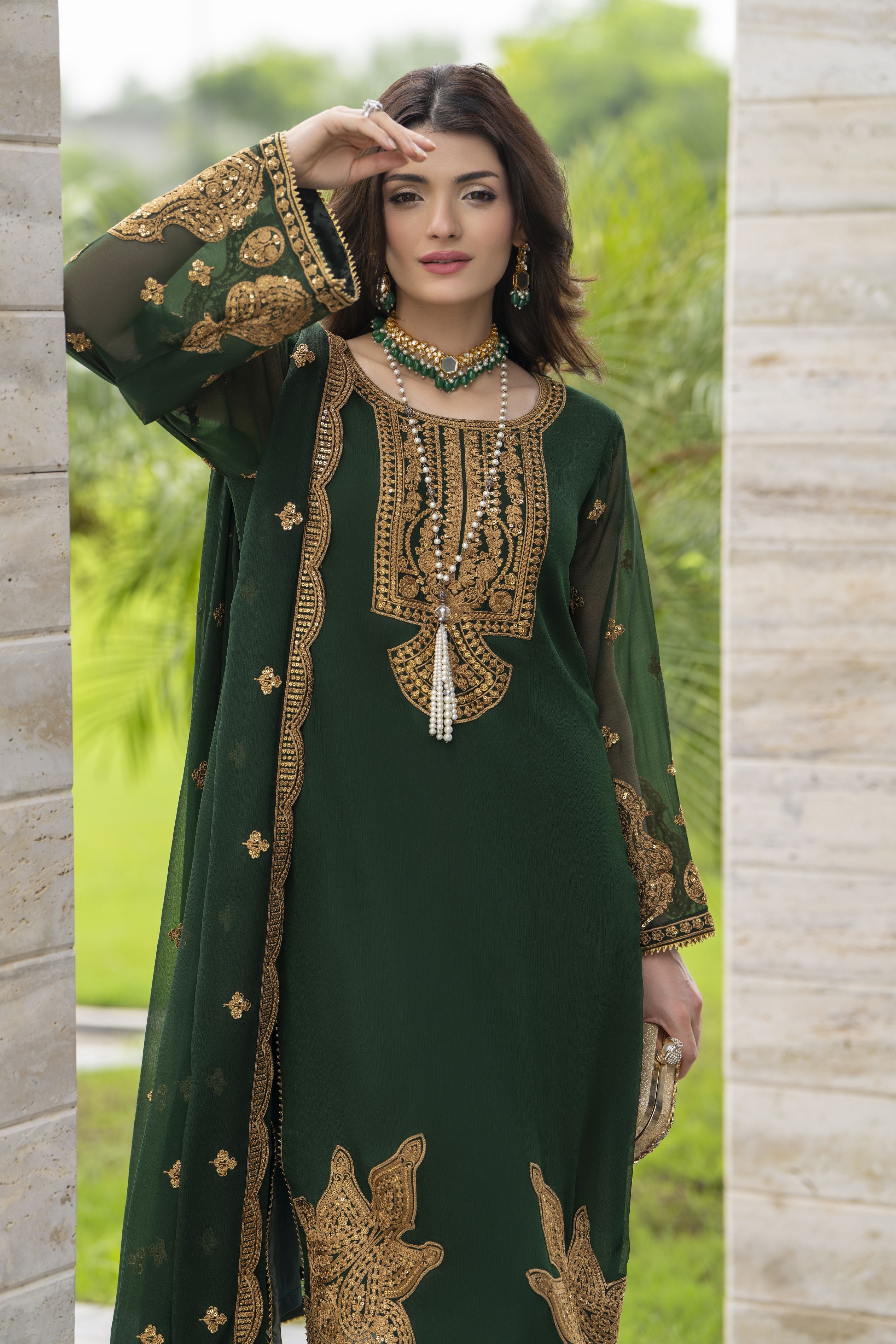 Whispers by Aleezay – Emerald Green Chiffon 3pc Ready to Wear Dress WBA4