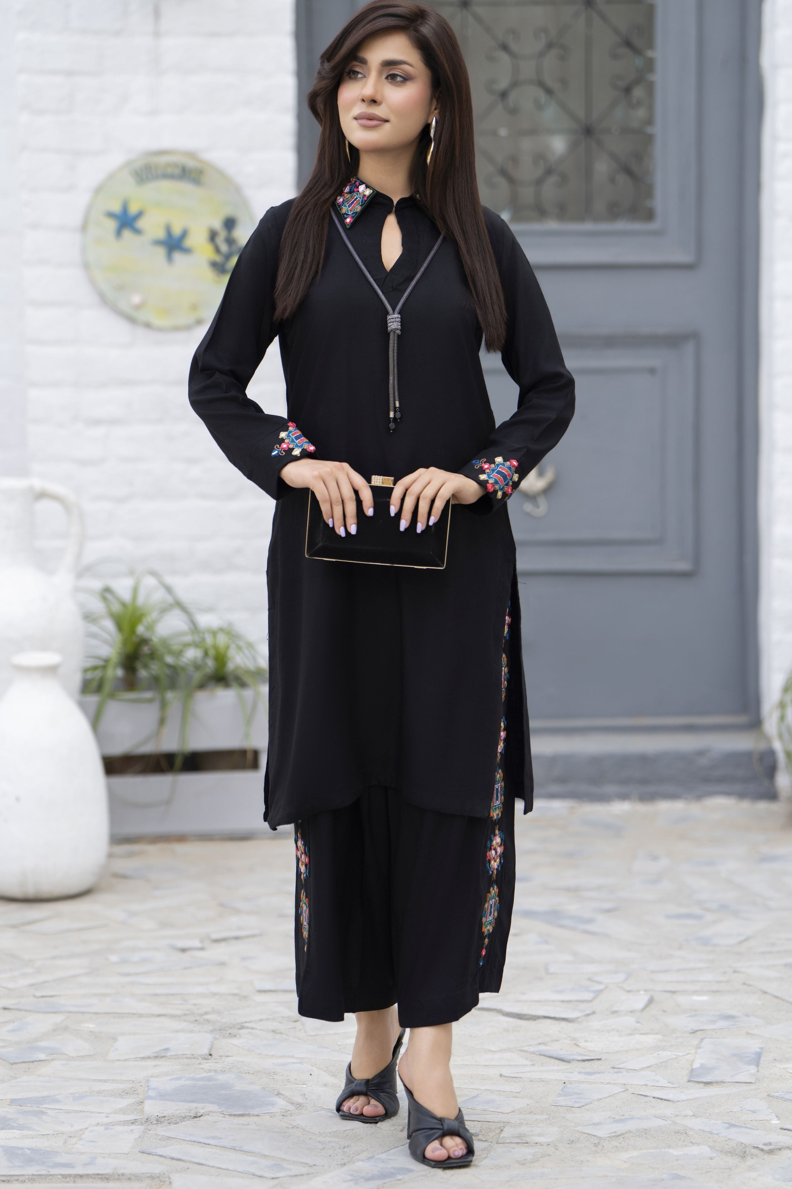 Zaiwa Black 2PC Ready to Wear Embroidered Linen Suit with Mirror Work LTZ8