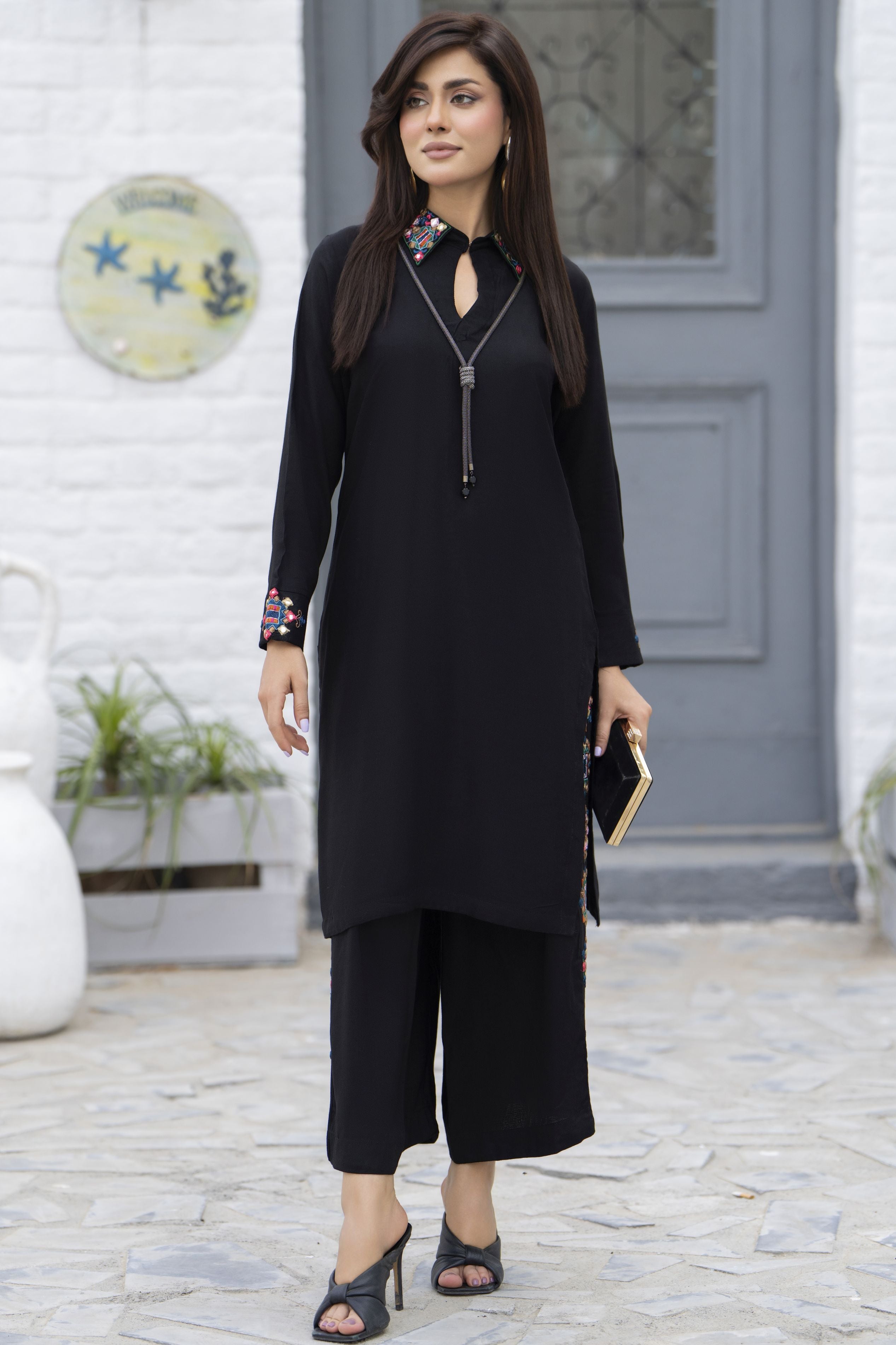Zaiwa Black 2PC Ready to Wear Embroidered Linen Suit with Mirror Work LTZ8