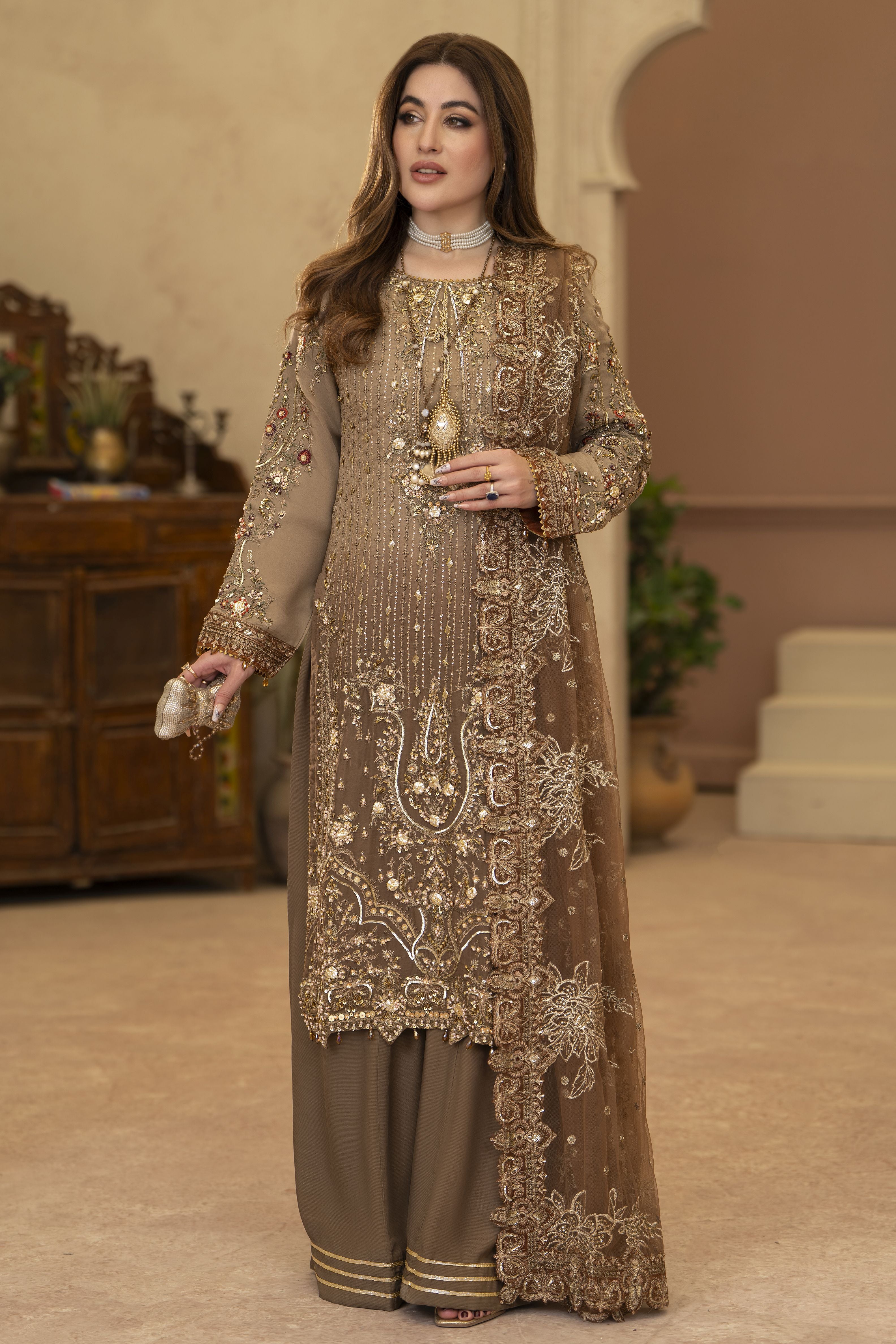 Arwah Chandni 3pc Two Tone Chiffon Formal Suit CR6