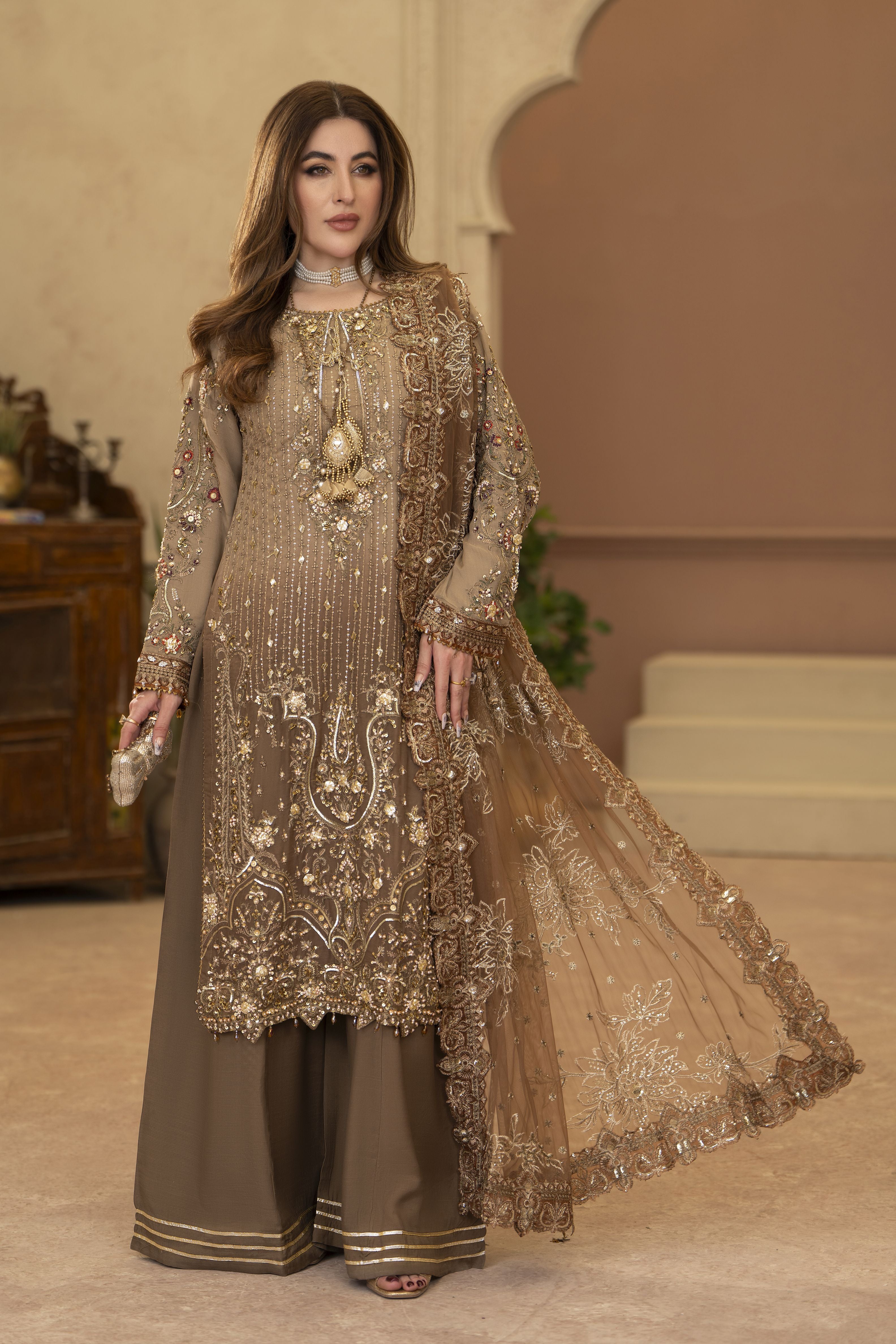 Arwah Chandni 3pc Two Tone Chiffon Formal Suit CR6