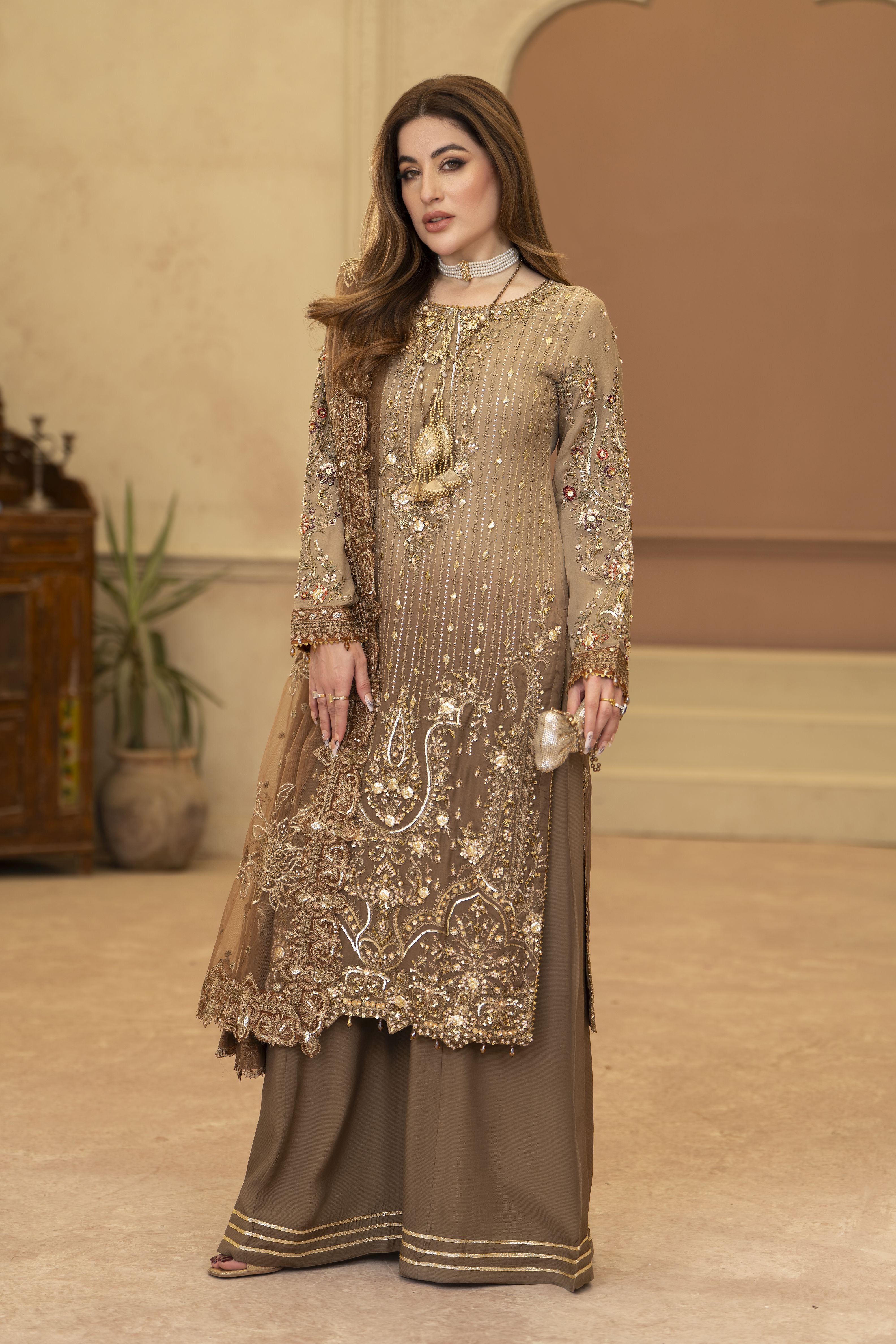 Arwah Chandni 3pc Two Tone Chiffon Formal Suit CR6