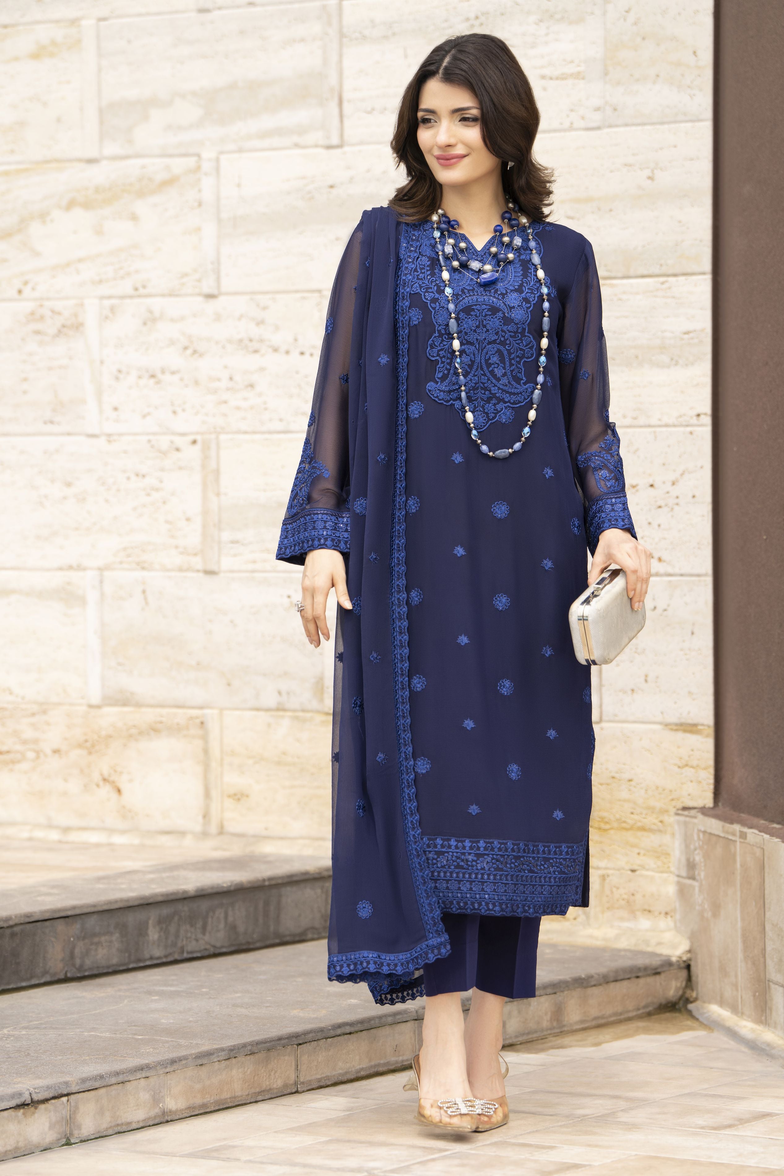 Whispers by Aleezay – Navy Blue Chiffon 3pc Ready to Wear Dress WBA8