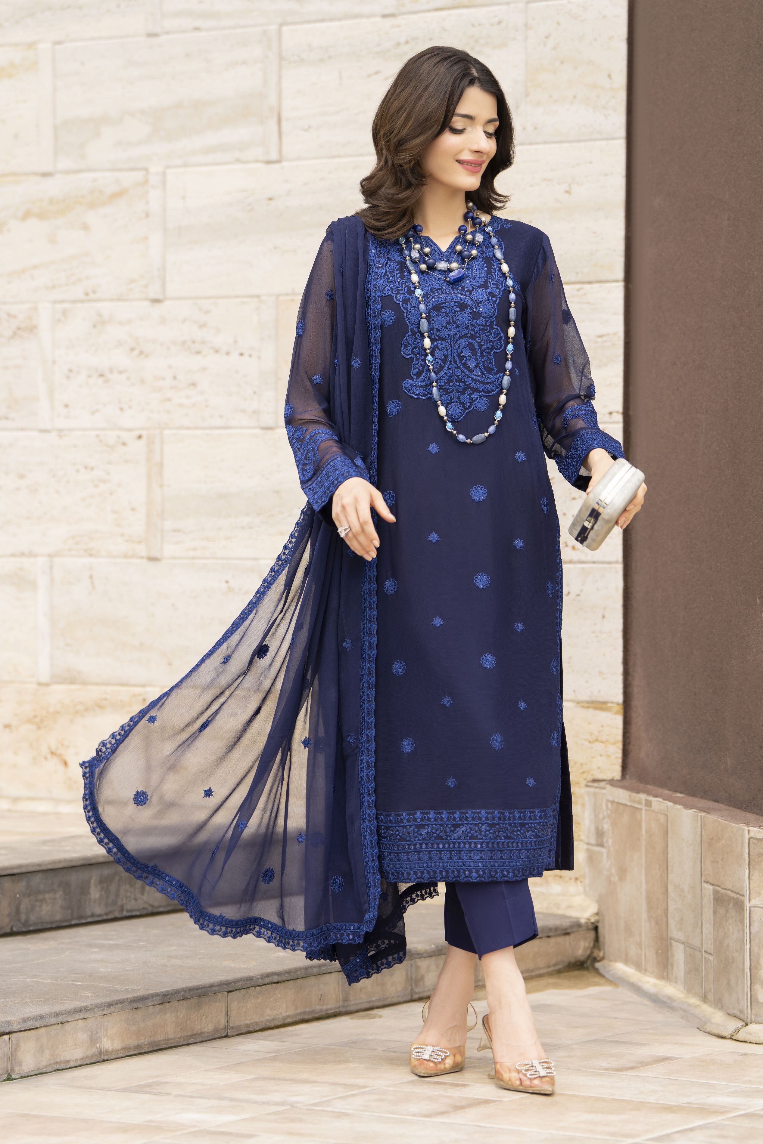 Whispers by Aleezay – Navy Blue Chiffon 3pc Ready to Wear Dress WBA8