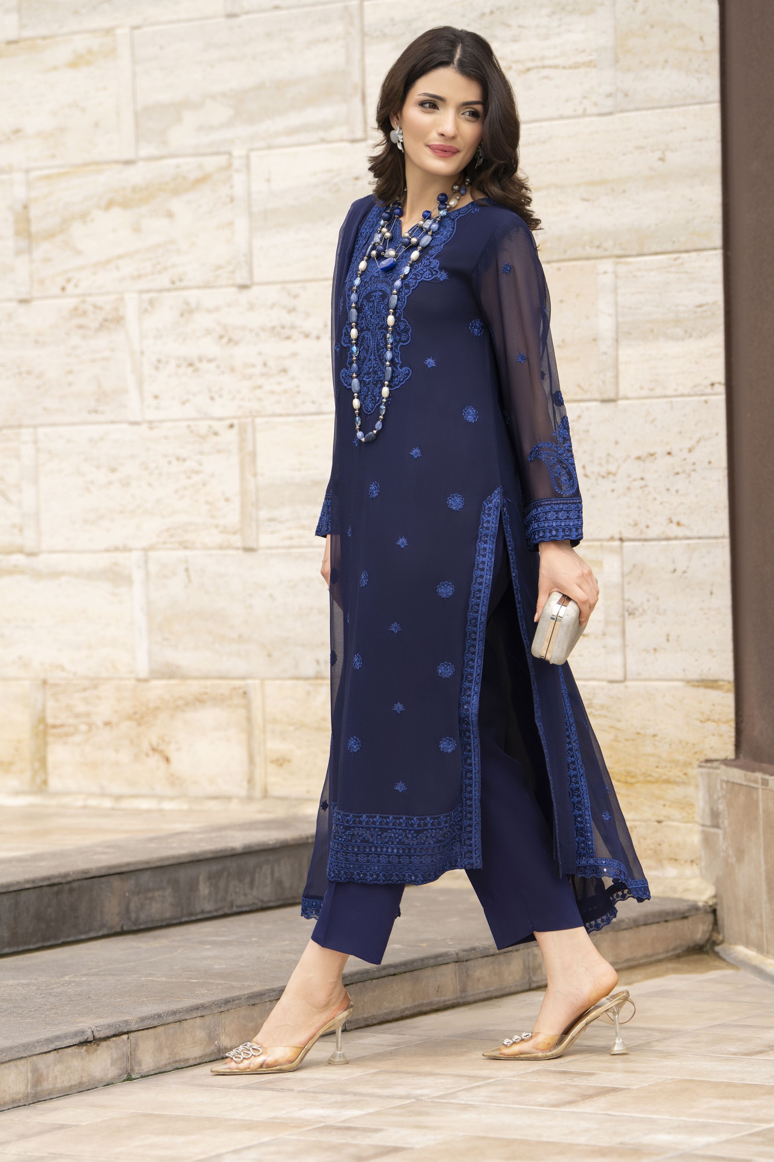 Whispers by Aleezay – Navy Blue Chiffon 3pc Ready to Wear Dress WBA8