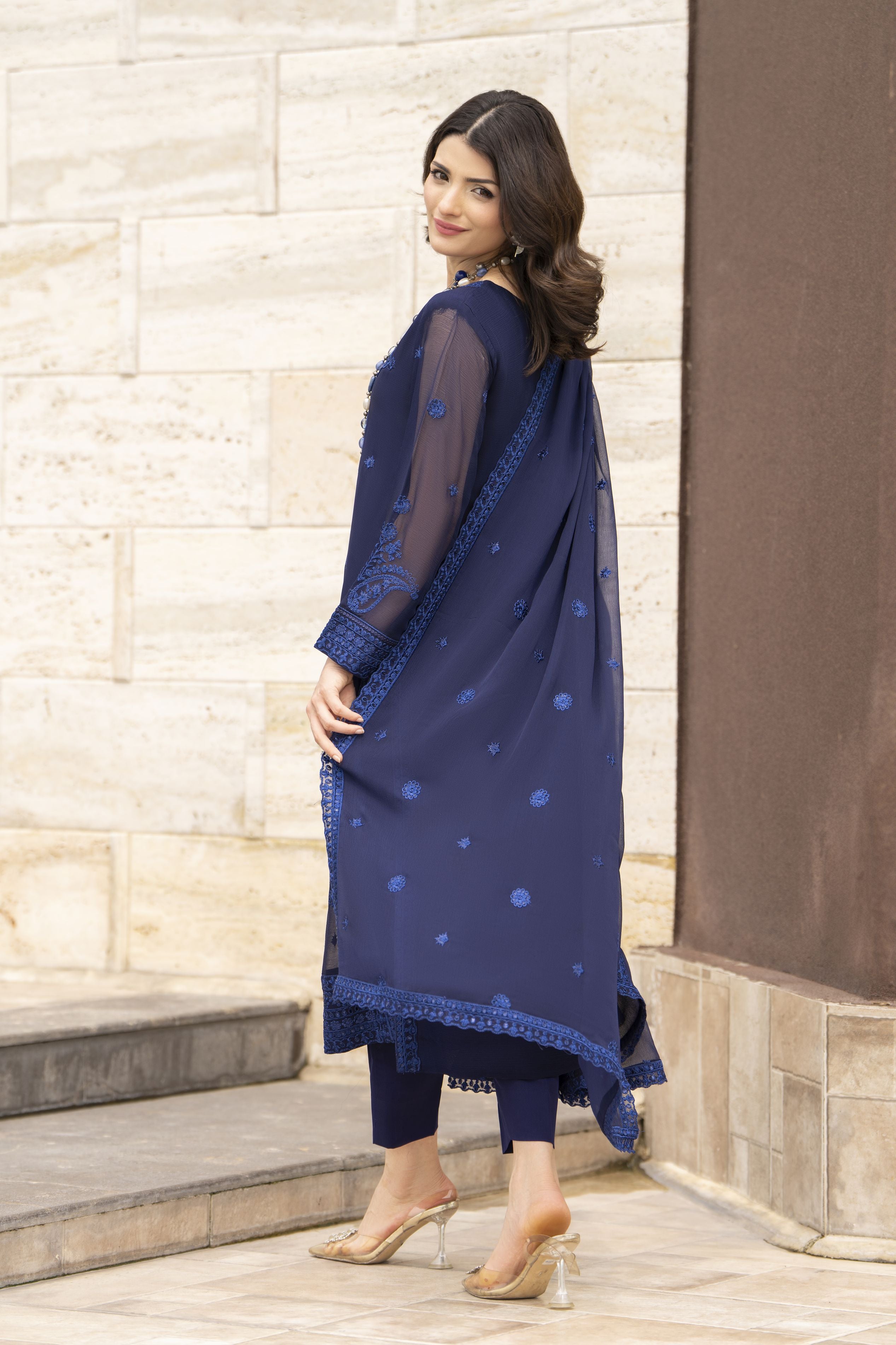 Whispers by Aleezay – Navy Blue Chiffon 3pc Ready to Wear Dress WBA8