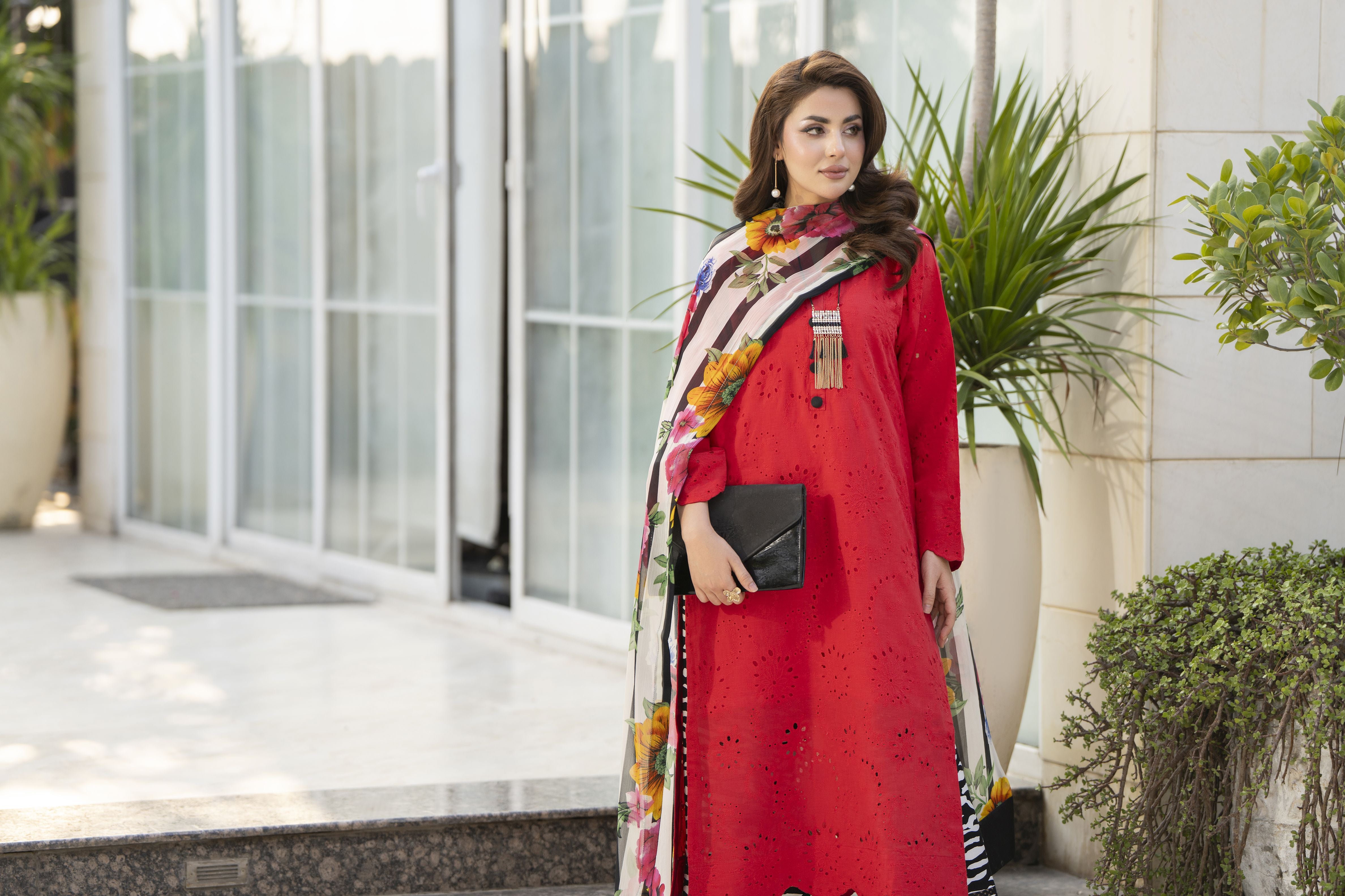 Zaina Bliss 3pc Chikankari Long Shirt With Printed Trousers Bliss12