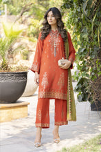 Rust Orange Embroidered 3pc Raw Silk Suit with Olive Dupatta – Roshni7 by Gul Warun