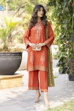 Rust Orange Embroidered 3pc Raw Silk Suit with Olive Dupatta – Roshni7 by Gul Warun