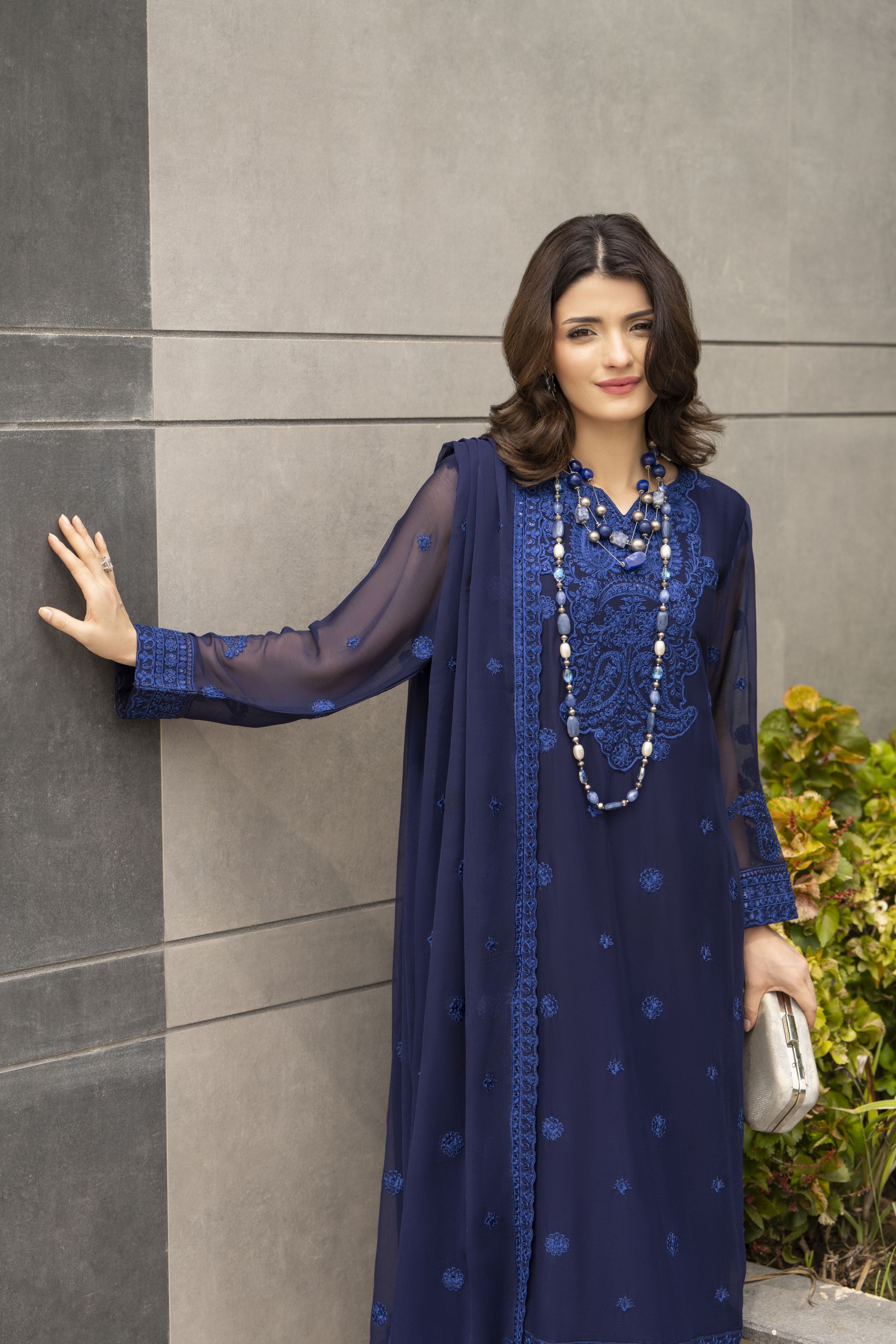 Whispers by Aleezay – Navy Blue Chiffon 3pc Ready to Wear Dress WBA8