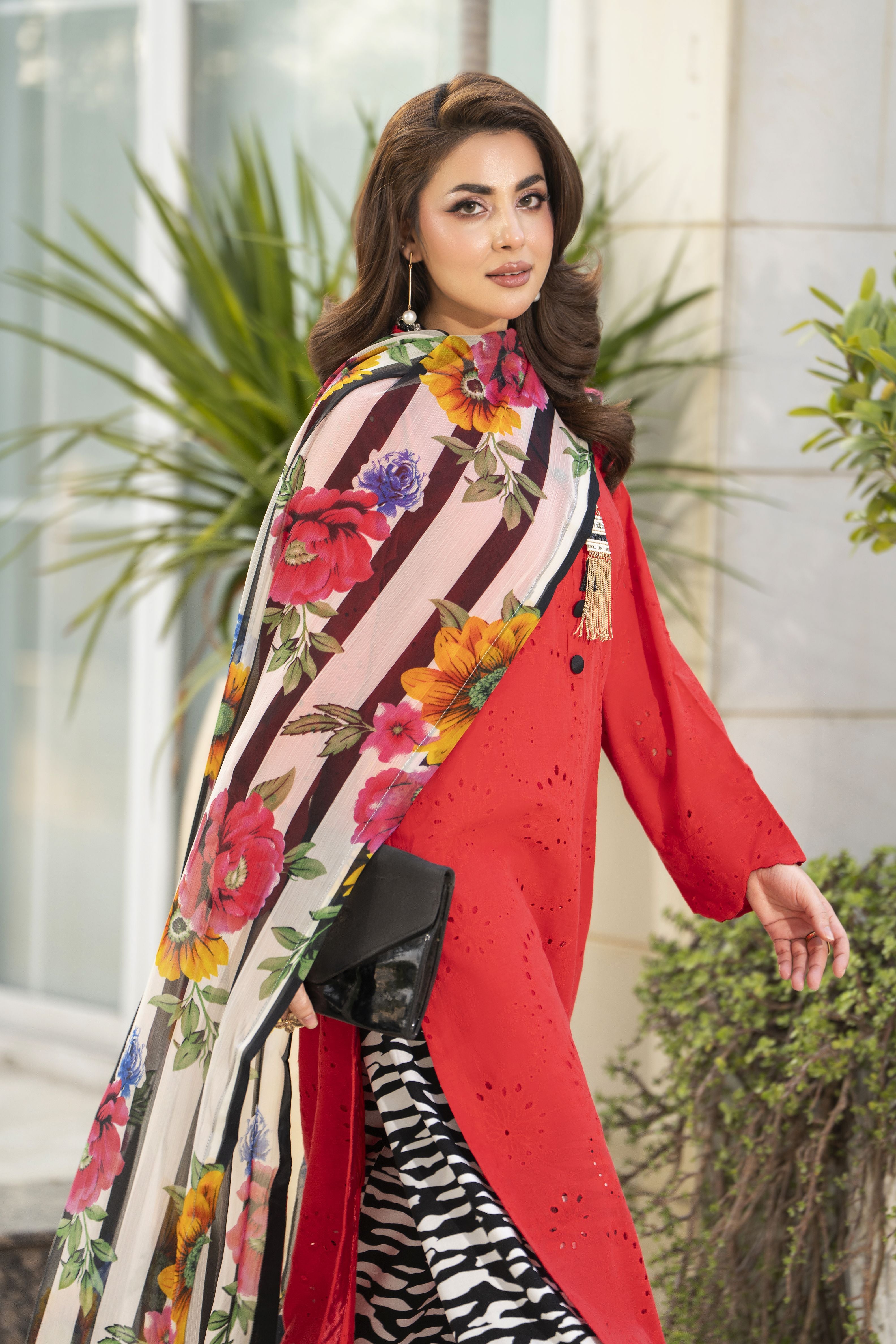Zaina Bliss 3pc Chikankari Long Shirt With Printed Trousers Bliss12