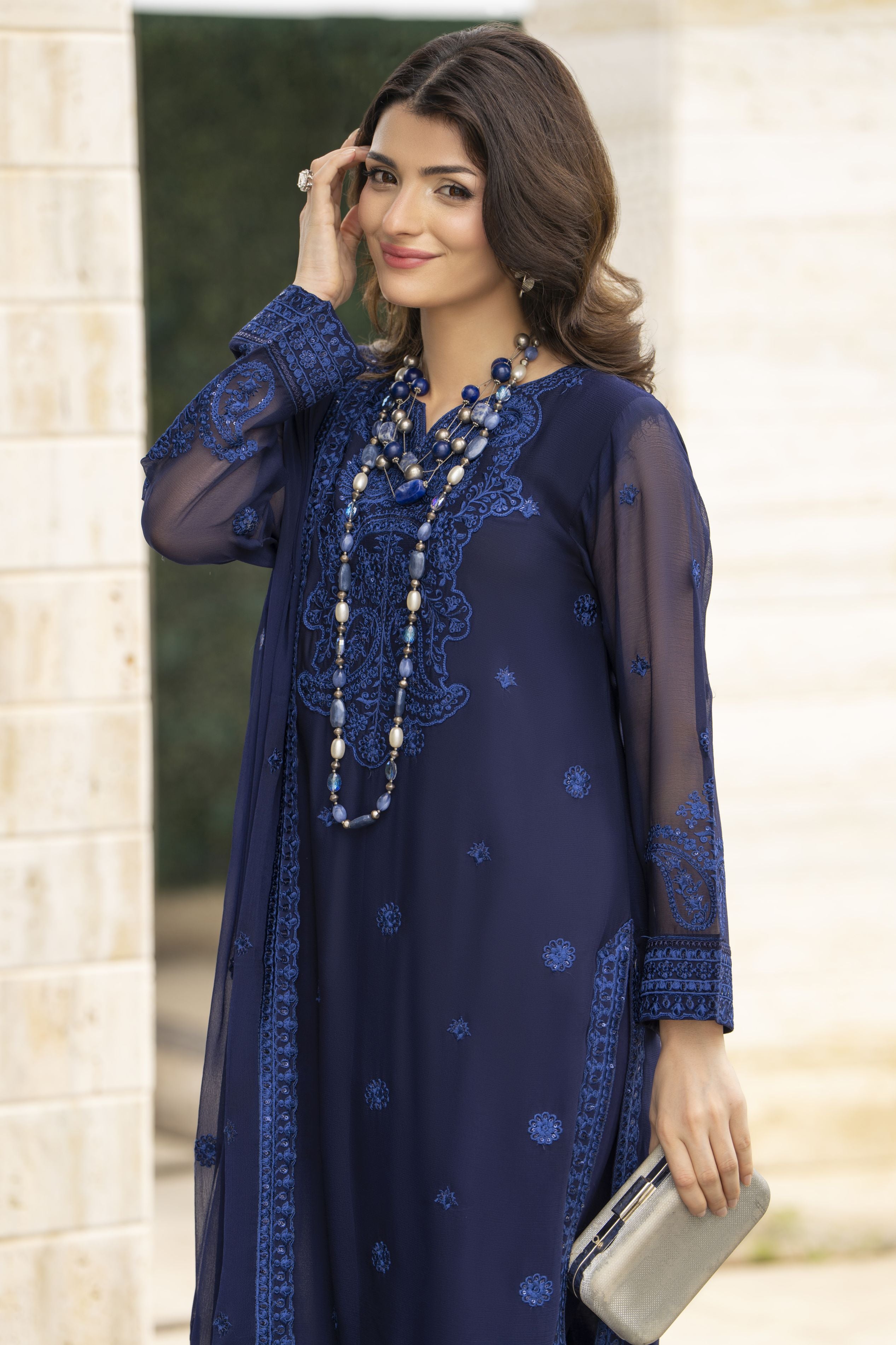 Whispers by Aleezay – Navy Blue Chiffon 3pc Ready to Wear Dress WBA8