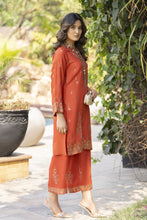 Rust Orange Embroidered 3pc Raw Silk Suit with Olive Dupatta – Roshni7 by Gul Warun