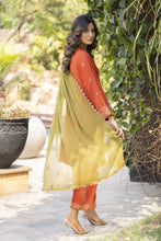 Rust Orange Embroidered 3pc Raw Silk Suit with Olive Dupatta – Roshni7 by Gul Warun