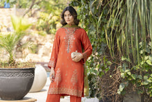 Rust Orange Embroidered 3pc Raw Silk Suit with Olive Dupatta – Roshni7 by Gul Warun
