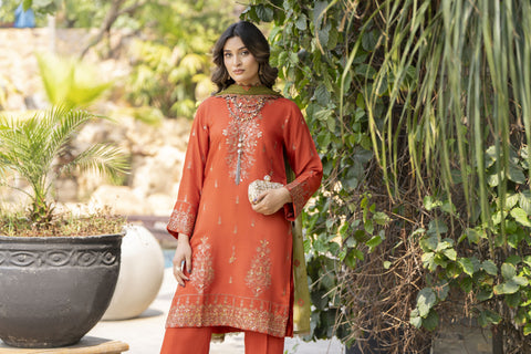 Rust Orange Embroidered 3pc Raw Silk Suit with Olive Dupatta – Roshni7 by Gul Warun