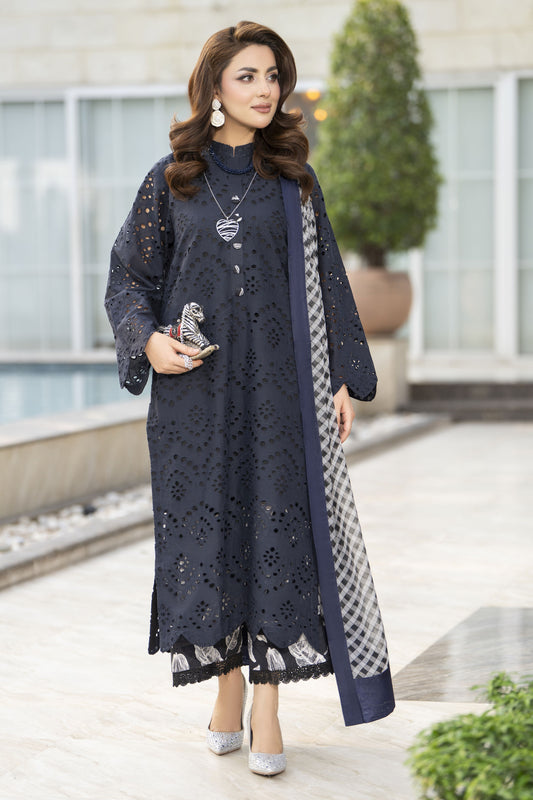 Zaina Bliss 3pc Chikankari Long Shirt With Printed Trousers Bliss13