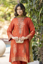 Rust Orange Embroidered 3pc Raw Silk Suit with Olive Dupatta – Roshni7 by Gul Warun