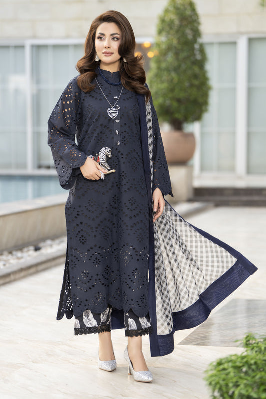 Zaina Bliss 3pc Chikankari Long Shirt With Printed Trousers Bliss13