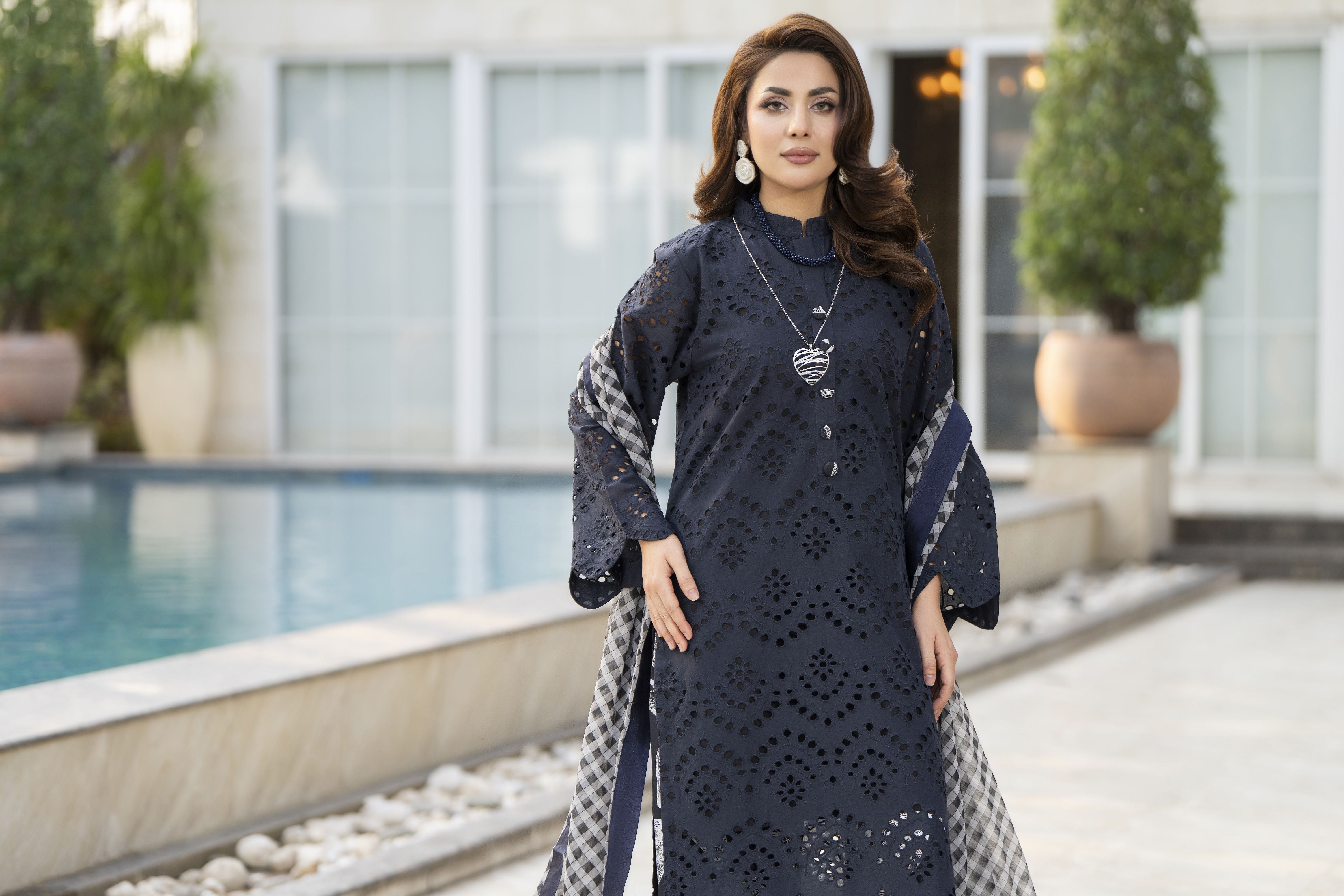 Zaina Bliss 3pc Chikankari Long Shirt With Printed Trousers Bliss13