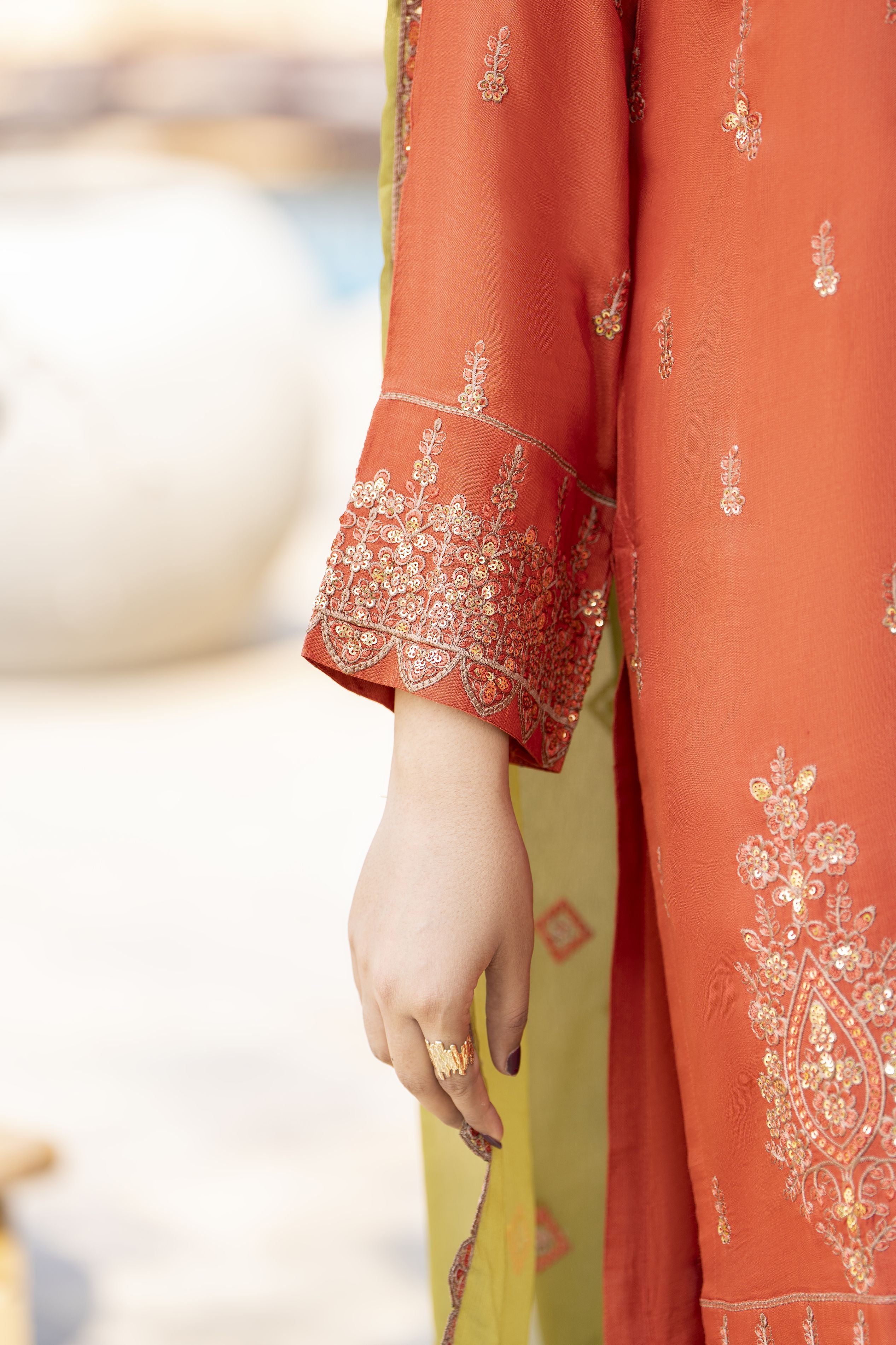 Rust Orange Embroidered 3pc Raw Silk Suit with Olive Dupatta – Roshni7 by Gul Warun