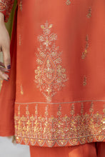 Rust Orange Embroidered 3pc Raw Silk Suit with Olive Dupatta – Roshni7 by Gul Warun