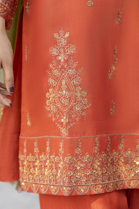 Rust Orange Embroidered 3pc Raw Silk Suit with Olive Dupatta – Roshni7 by Gul Warun