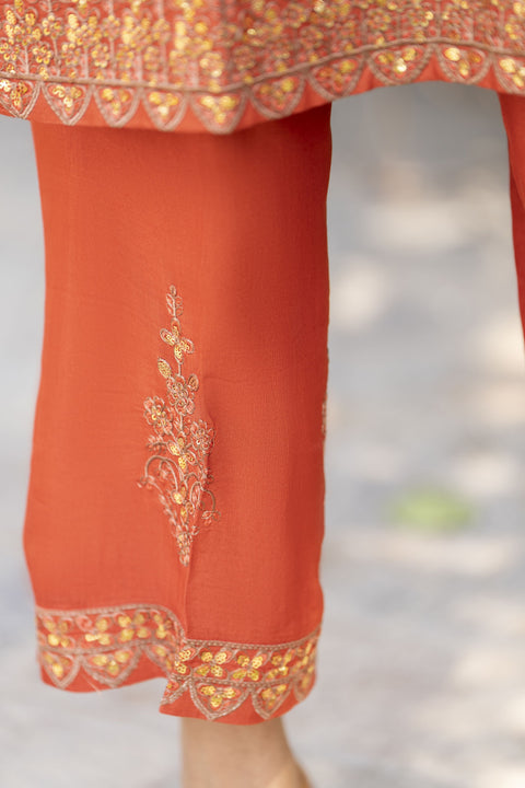 Rust Orange Embroidered 3pc Raw Silk Suit with Olive Dupatta – Roshni7 by Gul Warun