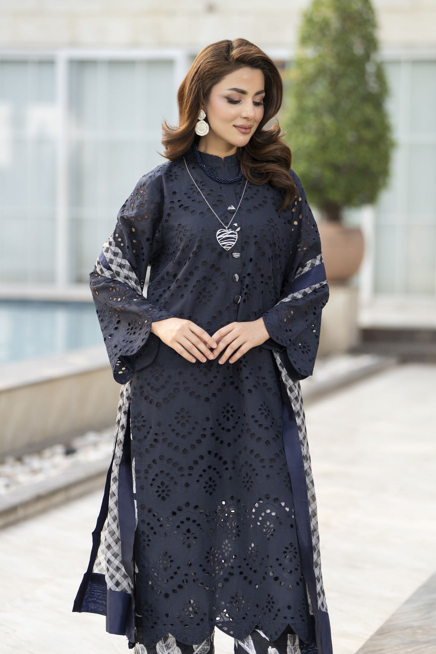 Zaina Bliss 3pc Chikankari Long Shirt With Printed Trousers Bliss13