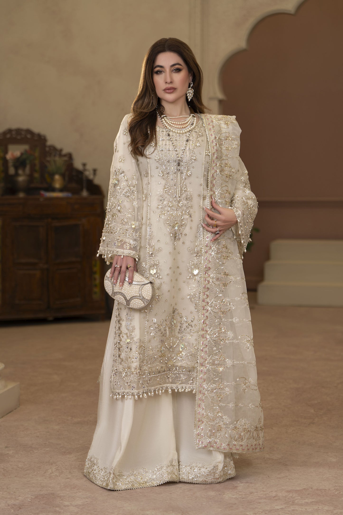 Arwah Chandni 3pc Ivory Organza Formal Suit CR4