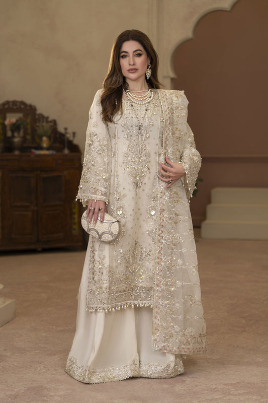 Arwah Chandni 3pc Ivory Organza Formal Suit CR4
