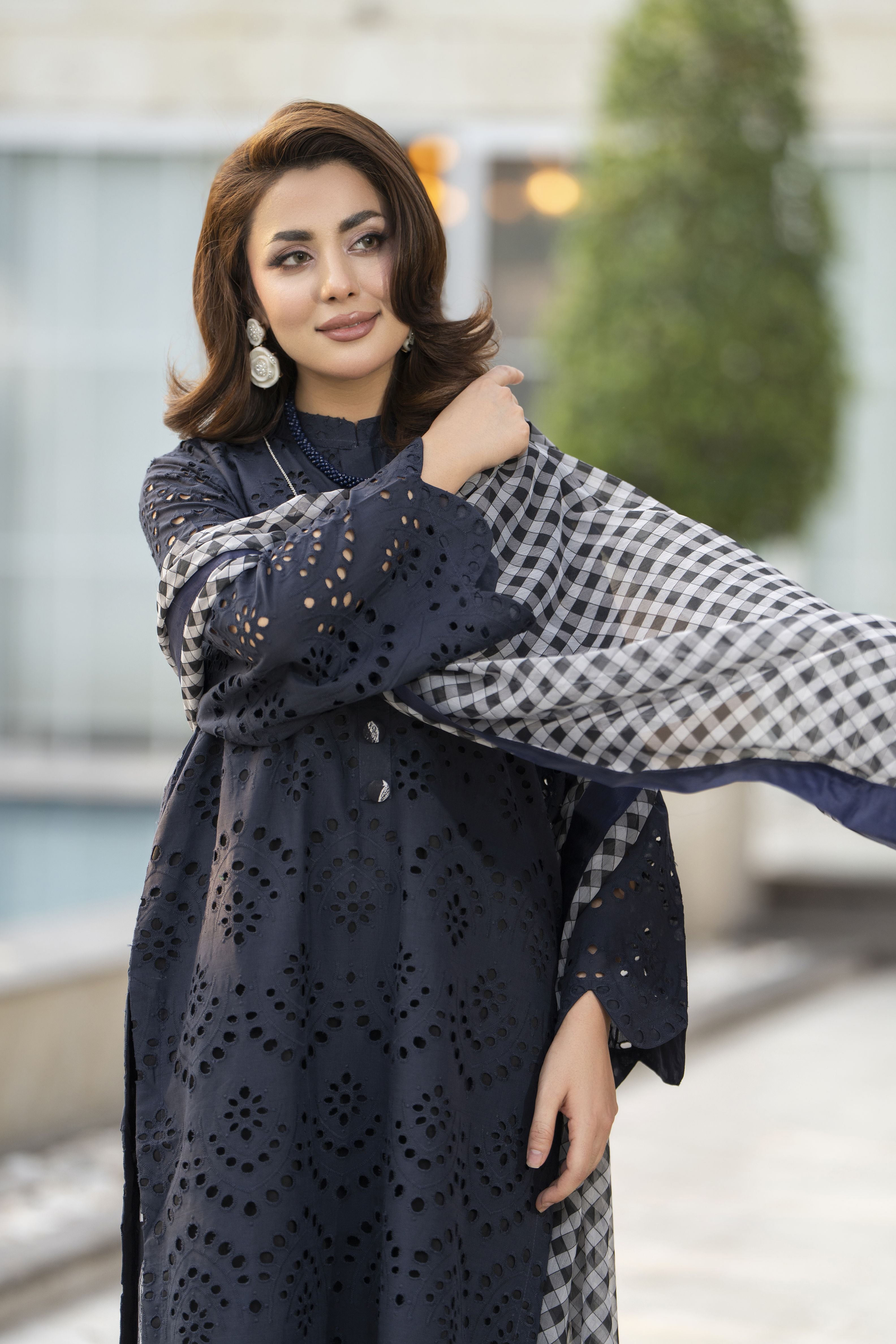 Zaina Bliss 3pc Chikankari Long Shirt With Printed Trousers Bliss13