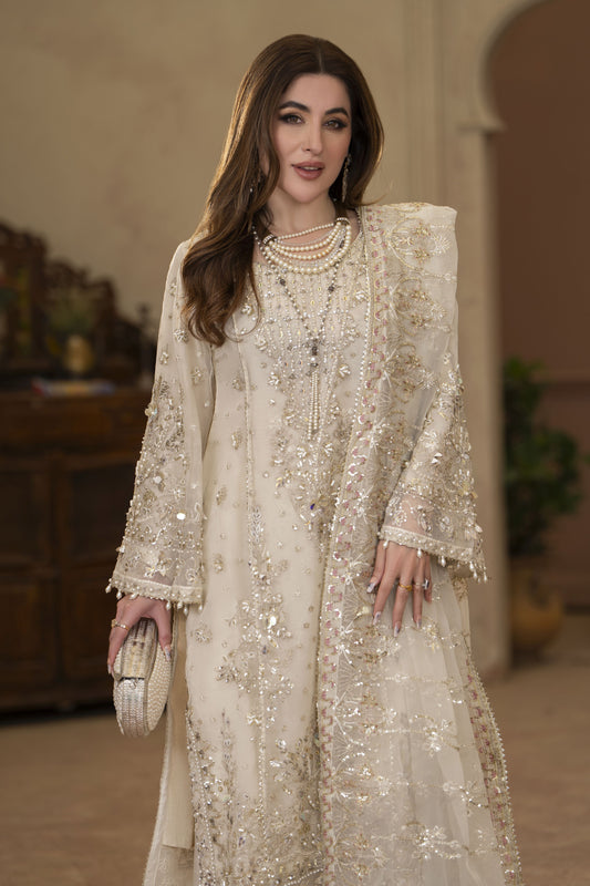 Arwah Chandni 3pc Ivory Organza Formal Suit CR4