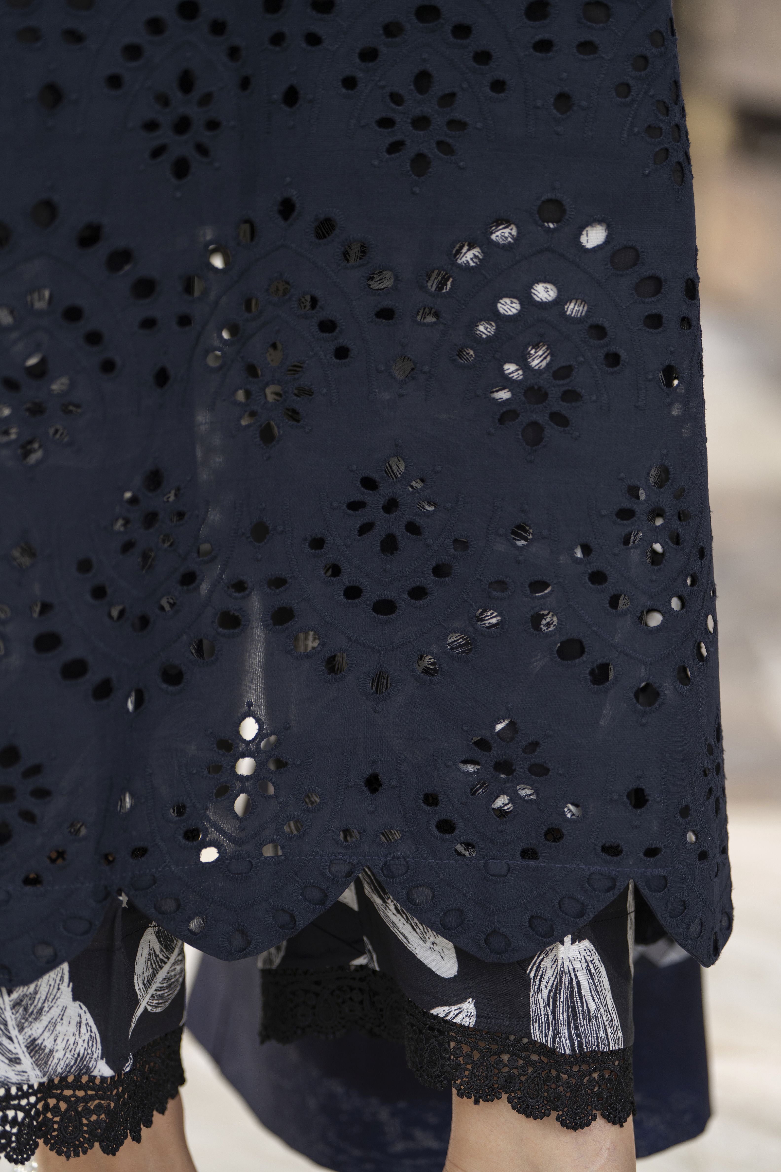 Zaina Bliss 3pc Chikankari Long Shirt With Printed Trousers Bliss13