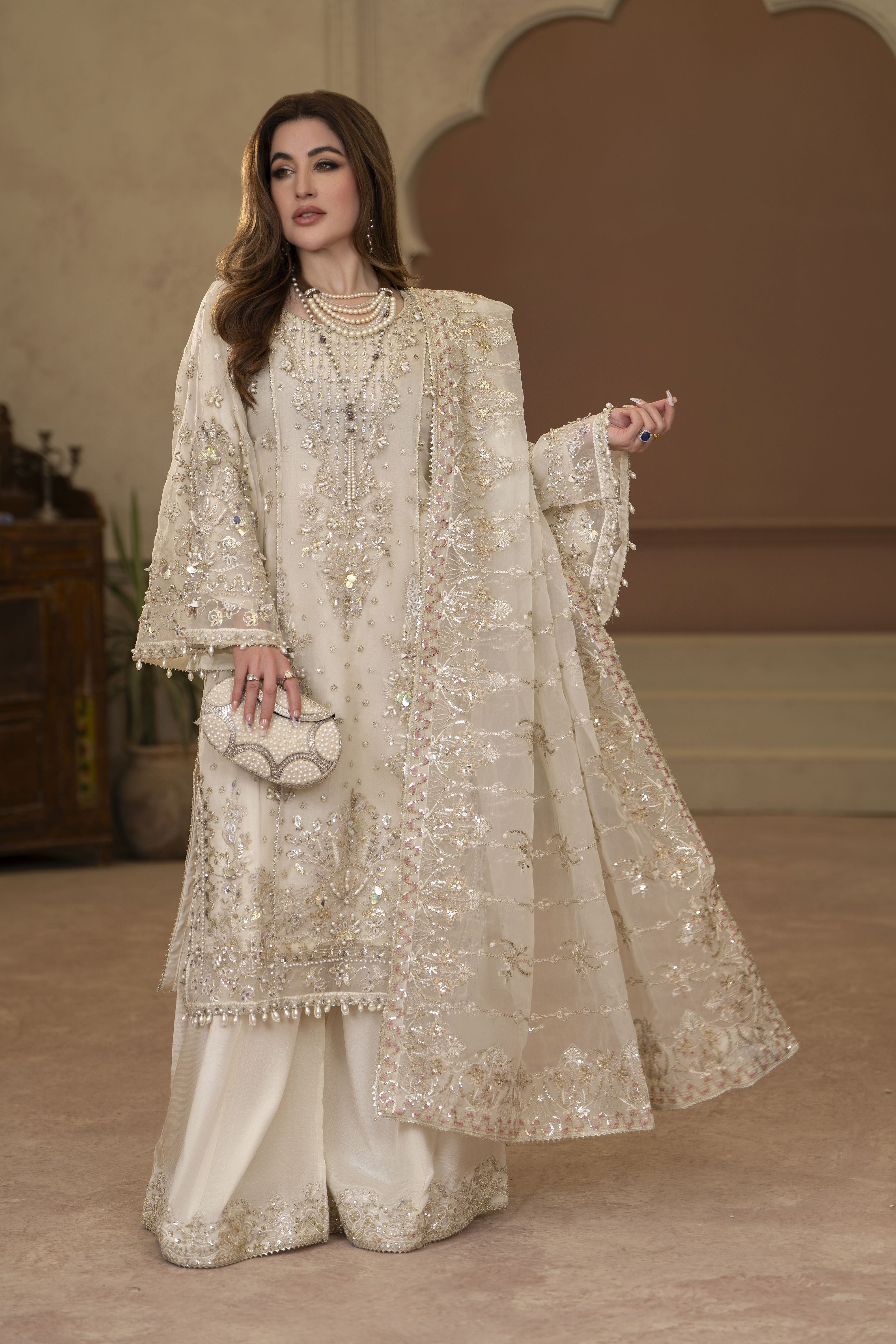 Arwah Chandni 3pc Ivory Organza Formal Suit CR4