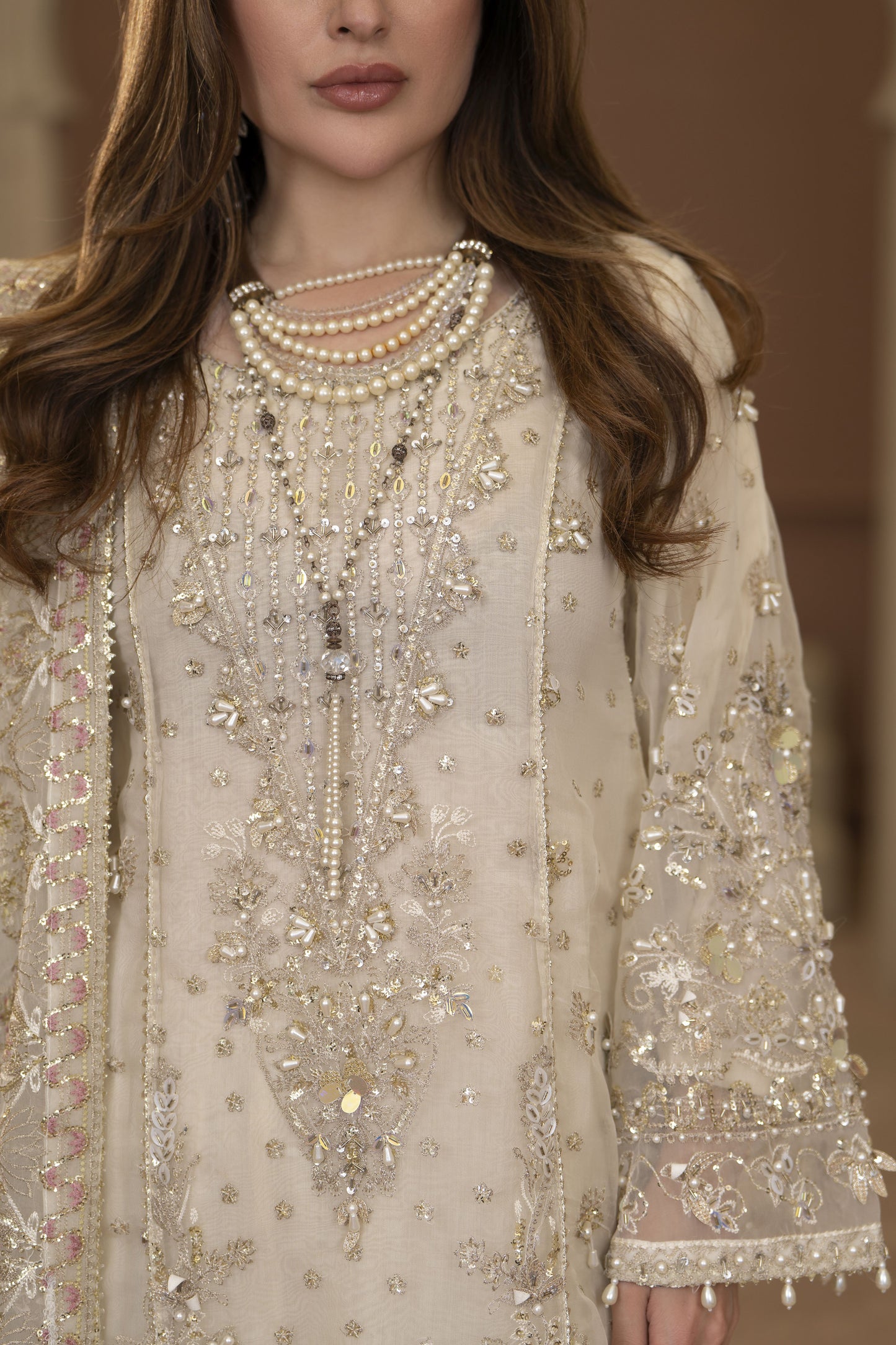 Arwah Chandni 3pc Ivory Organza Formal Suit CR4