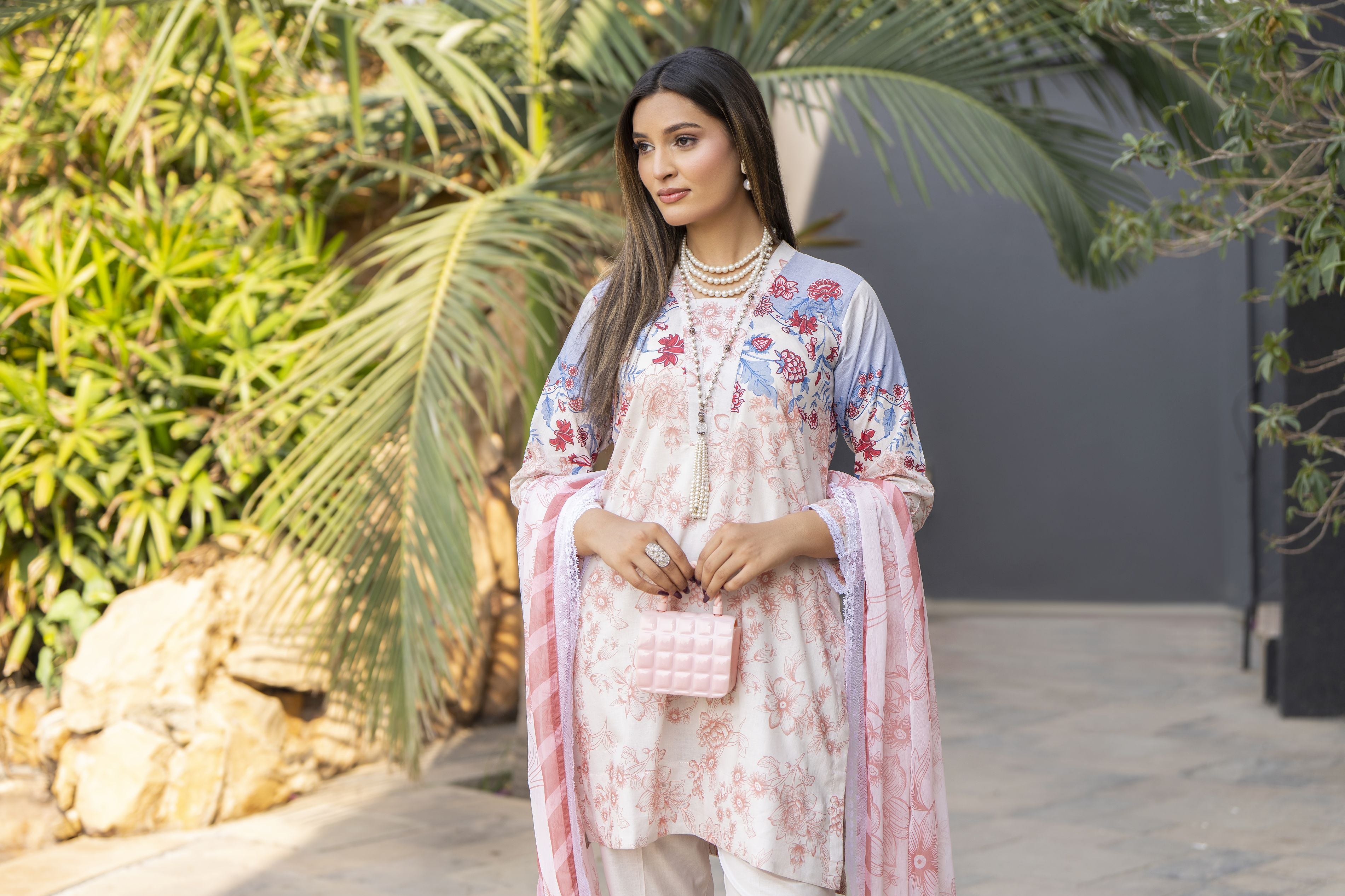 3pc Printed Lawn Summer Outfit with Chiffon Dupatta by Dress Code GKJ1