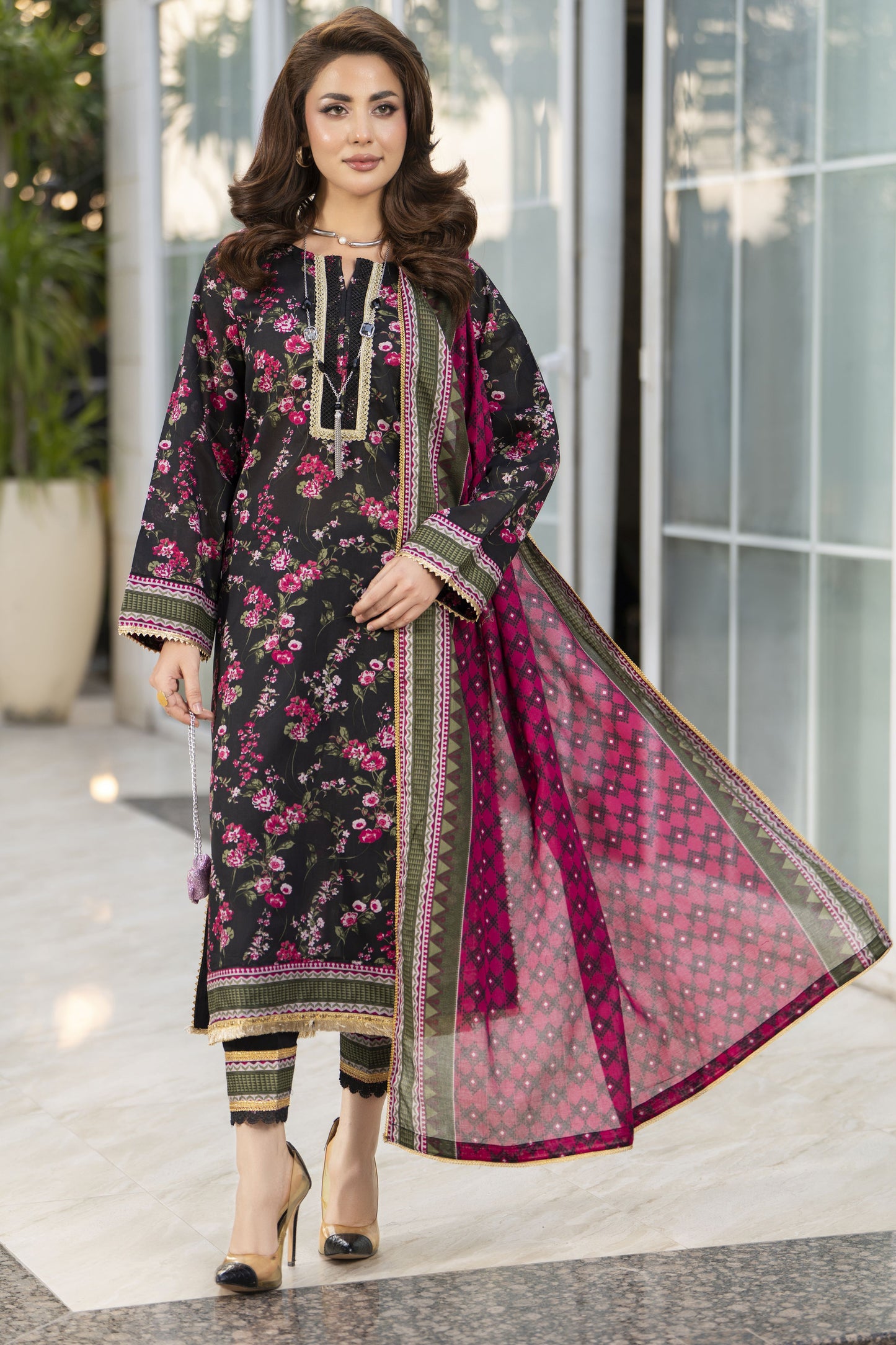 Zaina Bliss 3pc Printed Lawn Long Shirt With Gota Lace Dupatta Bliss6