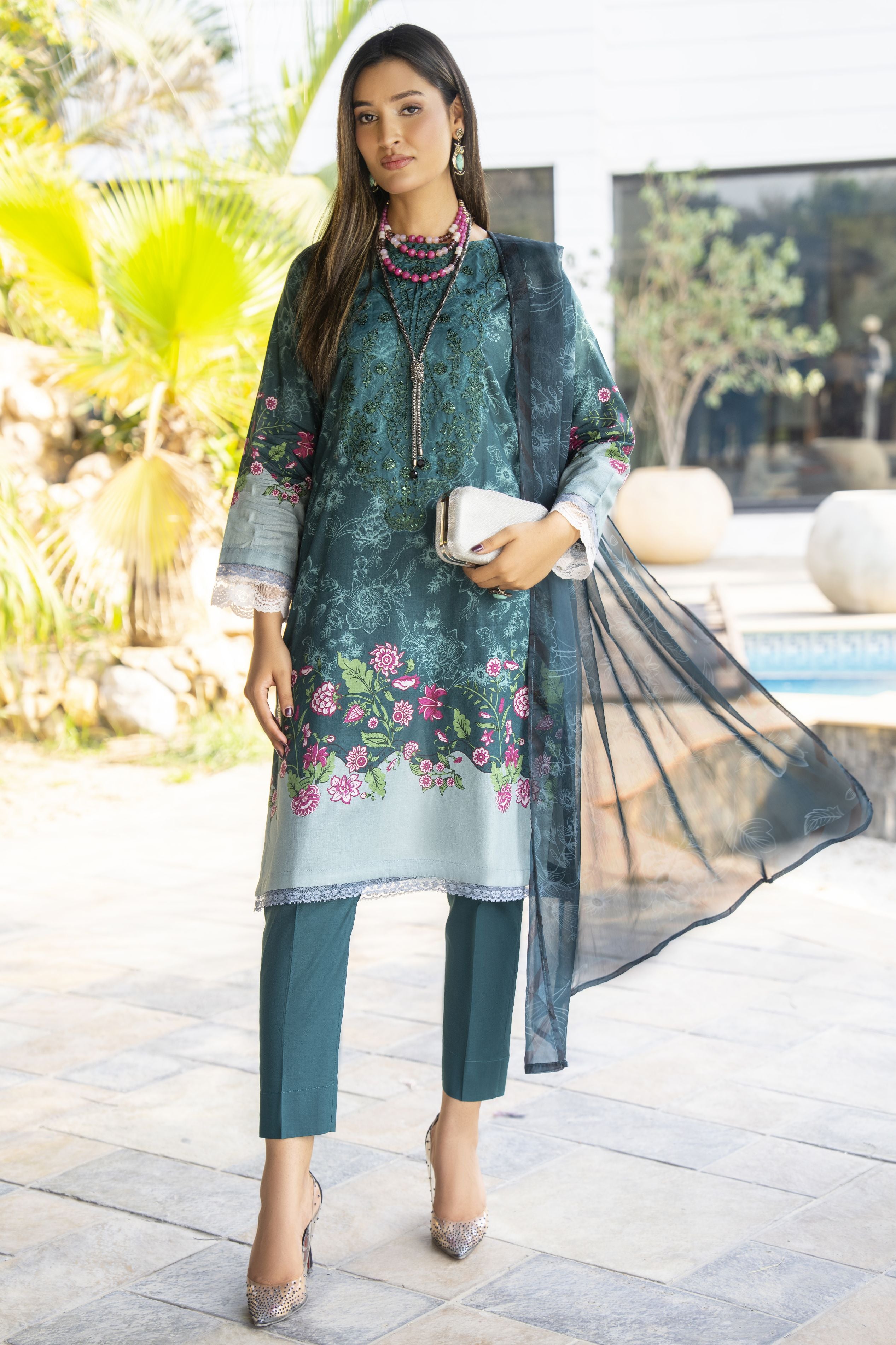 Teal 3pc Lawn Suit with Embroidered Neckline | Garmi Ka Jora by Dress Code GKJ2