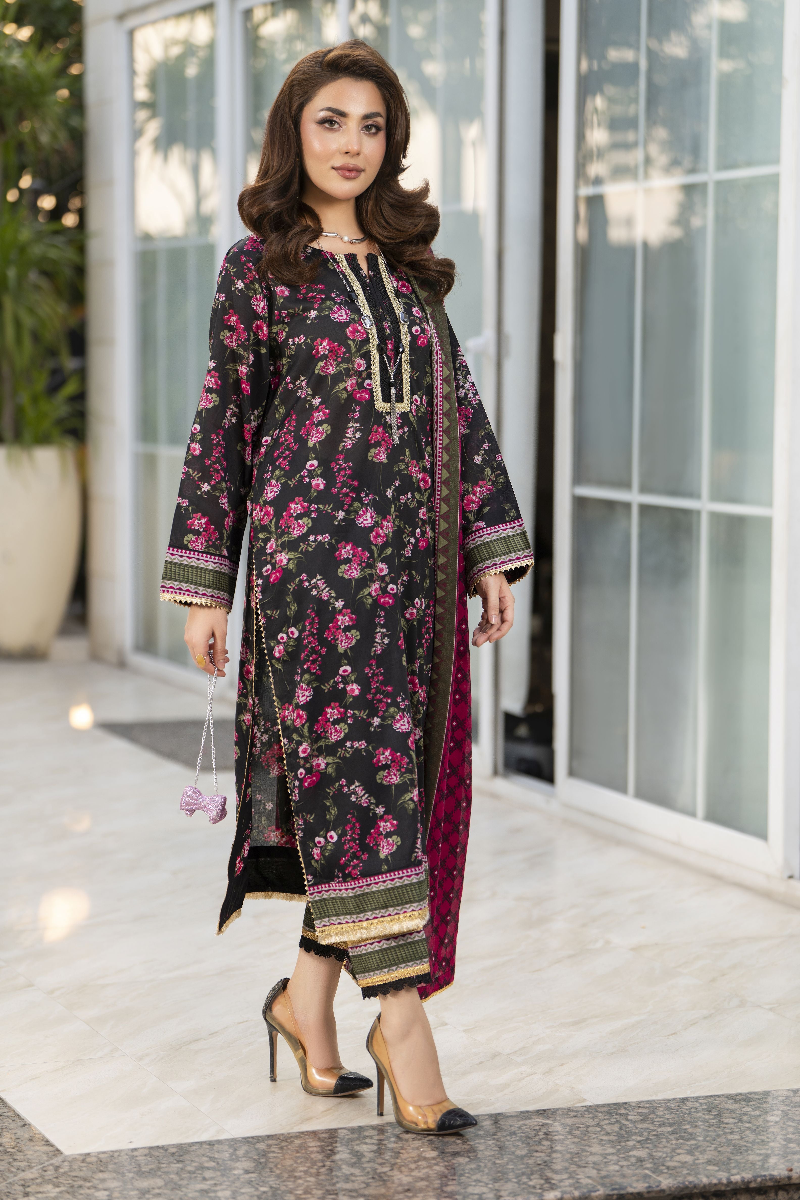 Zaina Bliss 3pc Printed Lawn Long Shirt With Gota Lace Dupatta Bliss6