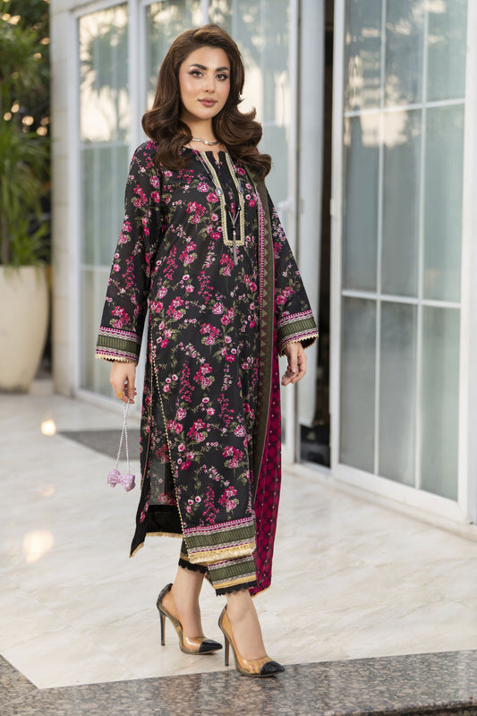 Zaina Bliss 3pc Printed Lawn Long Shirt With Gota Lace Dupatta Bliss6