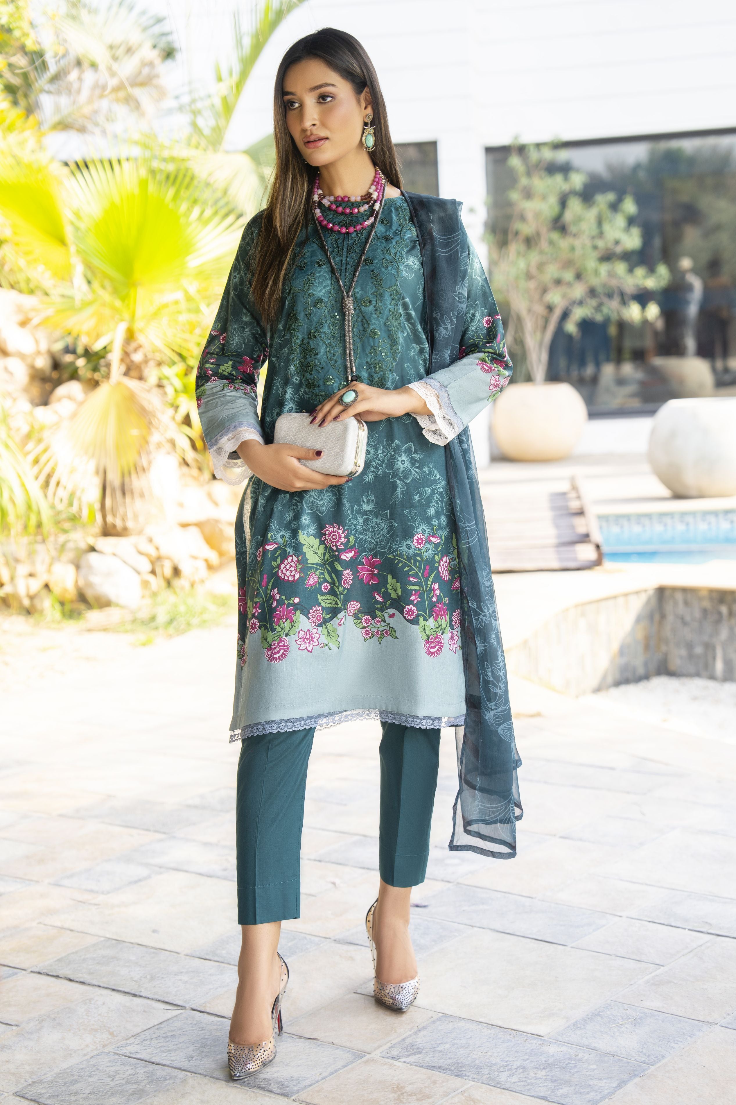 Teal 3pc Lawn Suit with Embroidered Neckline | Garmi Ka Jora by Dress Code GKJ2