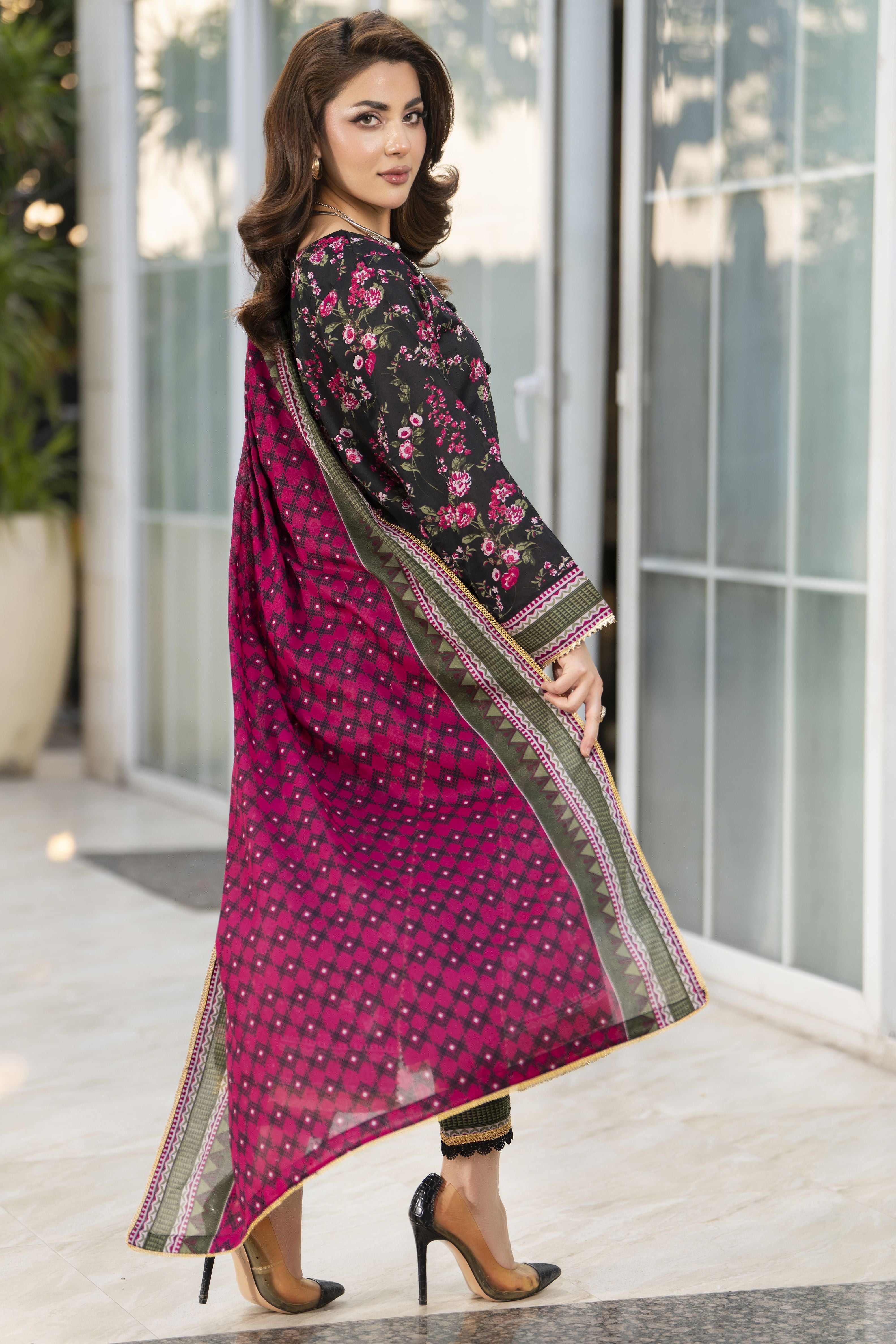 Zaina Bliss 3pc Printed Lawn Long Shirt With Gota Lace Dupatta Bliss6
