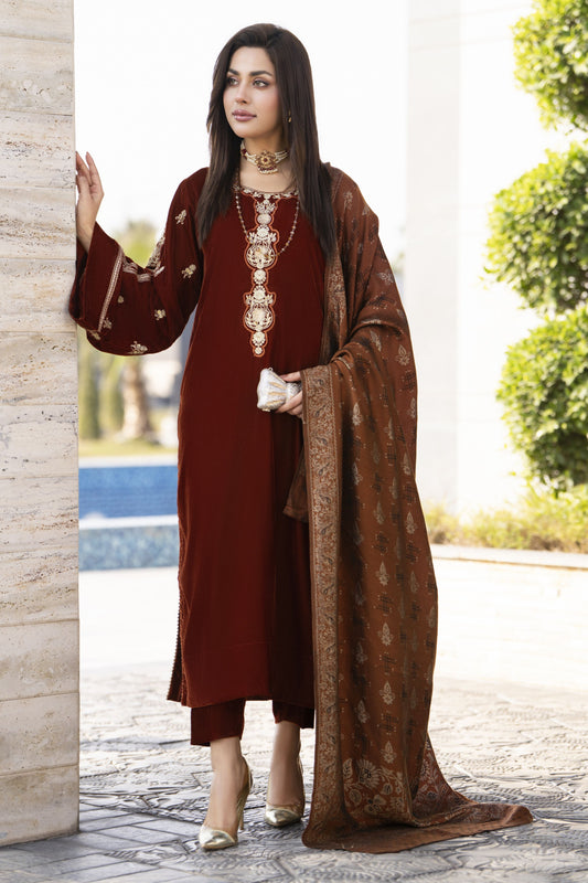 Aleezay KASHMÉ – Deep Rust Velvet 3pc Suit with Jacquard Shawl KA2