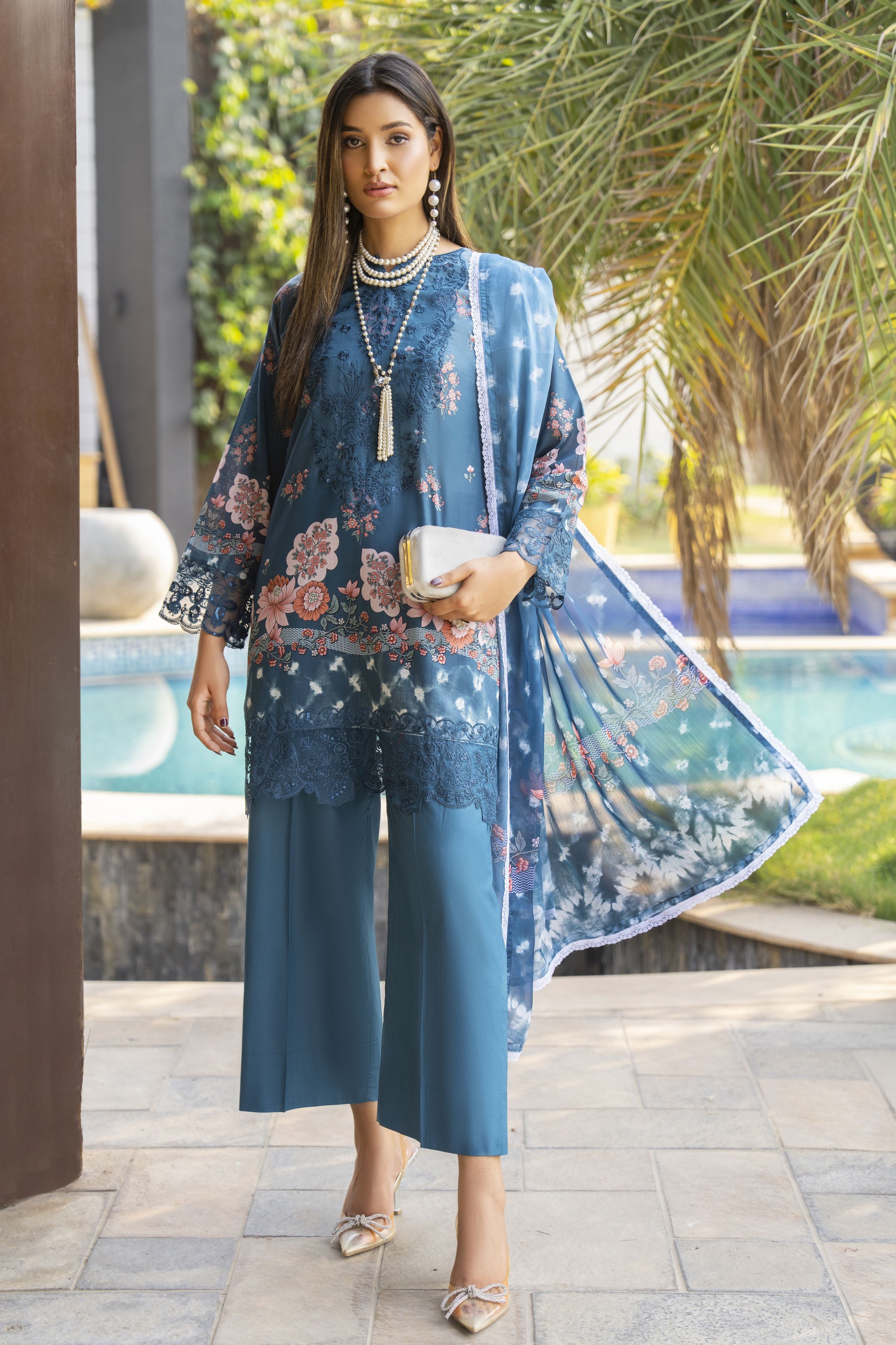 Blue Floral 3pc Embroidered Lawn Suit | Garmi Ka Jora by Dress Code GKJ4